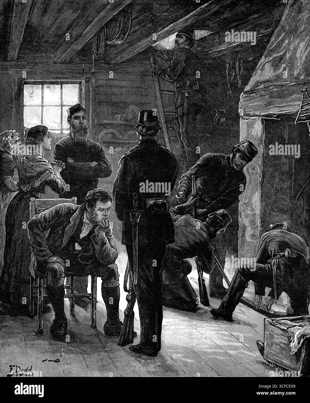 The State of Ireland: Search for Arms, 1881. "Unsere Illustration einer Szene, die durch eine der außerordentlichen Vorsorgemaßnahmen ausgelöst wurde, die die Regierung in Irland ergreifen musste, nämlich die Suche nach verborgenen Waffen gemäß dem Friedenssicherungsgesetz, könnte sich hinreichend erklären. Wir sehen hier eine Gruppe dieser halb-militärischen Polizei, die Royal Irish Constabulary, mit ihrem Offizier, in der Küche eines kleinen Bauernhauses, die den hearthstone mit einem Brecheisen hochhebt, um nach vermuteten Gewehren oder Revolvern zu suchen, während das Loft über dem Dach von dem Mann erforscht wird, der jetzt aufgestiegen ist Stockfoto