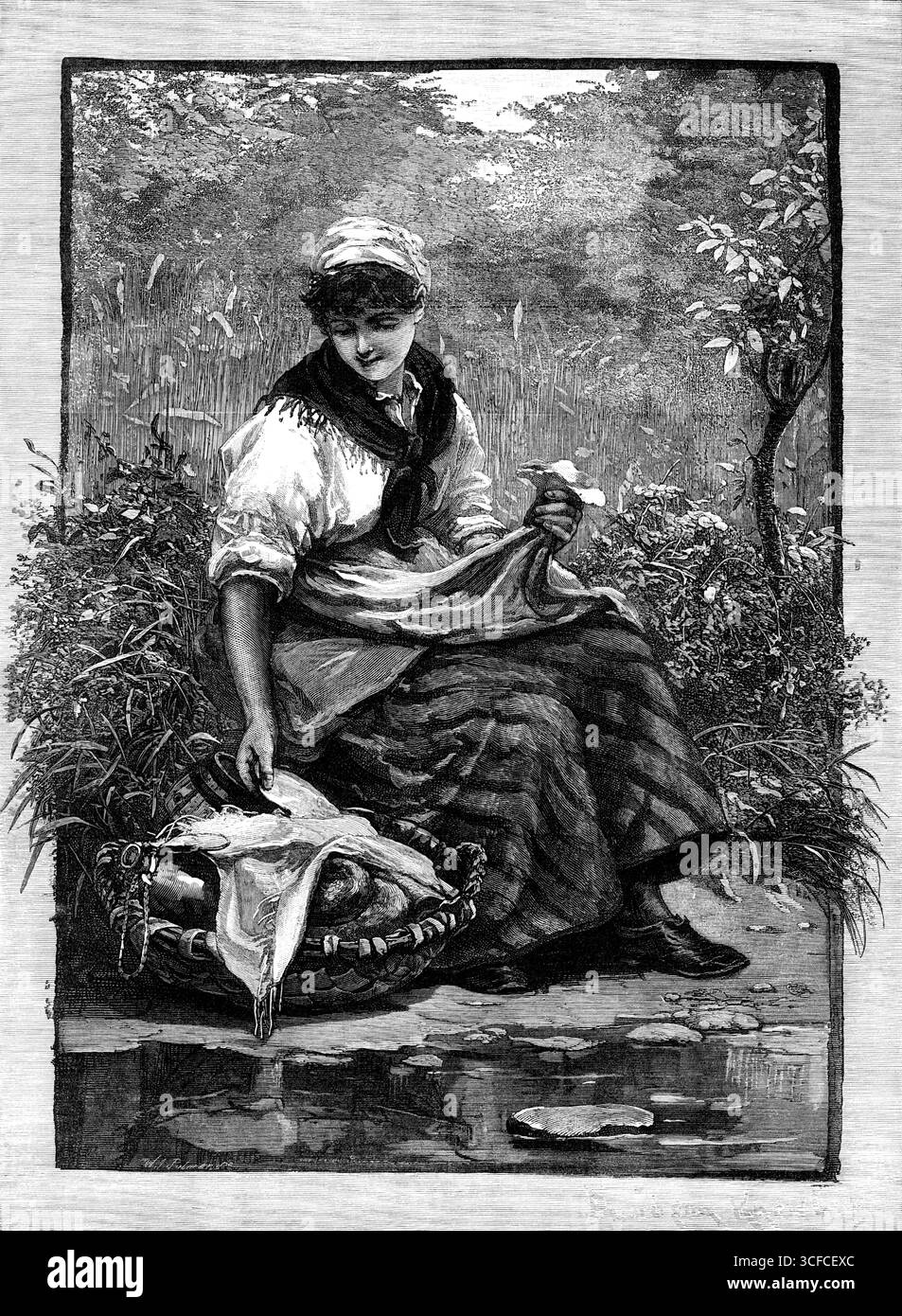 Abendessen: Warten auf die Reapers, 1881. Die Schnitter der diesjährigen englischen Ernte, die wir alle bedauerten, warten zu lange auf Sonnenschein. An den späten schönen Tagen, wie wir jetzt froh sind, dass sie diese Woche endlich bekommen haben, lassen Sie sie ihre Arbeit fortsetzen. Sie werden nicht darauf warten, bis sie mittags in der kurzen halben Stunde der nötigen Ruhe auf ihr Abendessen warten. Hier ist eine gute junge Frau, die Frau oder Tochter von jemandem, die pünktlich "auf die Schnitter wartet", mit ihrem Willkommensmahl am Mittag. Sie haben es zweifellos verdient, durch die fleißige Arbeit ihres morgens in den Maisfallen Stockfoto