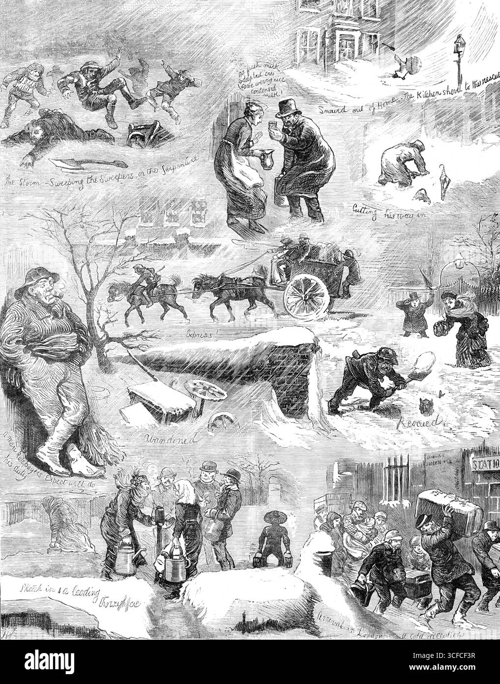 Skizzen in London und den Vororten während des Schneesturms am Dienstag, 18. Januar 1881. 'Der Sturm, der die Kehrmaschinen auf der Serpentine fegt; 'heute keine frische Milch, aber 'es ist eine schöne Kondensmilch!'; schneite aus dem Haus. Die Küchenschaufel zur Rettung; Express!; sich den Weg hineinschneiden; verlassen; gerettet; Ein Mann, von dem die Ratepayer erwarten, dass er seine Pflicht erfüllen wird; skizzieren in einer führenden Straße; Ankunft in London; kalter Empfang... nicht vor vielen Jahren hat der südliche Teil Großbritanniens einen winterlichen Sturm gespürt, der in Gewalt und langer Kontinuität mit dem Dienstag in der letzten Woche verglichen wurde. Its Stockfoto