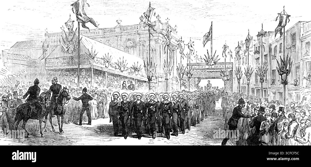 The Royal Visit to Swansea: The march Past of Volunteers at the Townhall, 1881. „Ihre Königlichen Hoheiten, der Prinz und die Prinzessin von Wales, haben diese Woche die Stadt Swansea besucht, anlässlich der Eröffnung des neu errichteten East Dock... unsere heute zur Verfügung gestellten Illustrationen zeigen mehrere Vorfälle der Prozession... durch die Stadt... Ihre Königlichen Hoheiten... nahmen ihren Platz in einem großen Stand in der Nähe von [The Townhall] ein, wo sie die Freiwilligen vorbeimarschierten.“ Aus Illustrated London News, 1881. Stockfoto