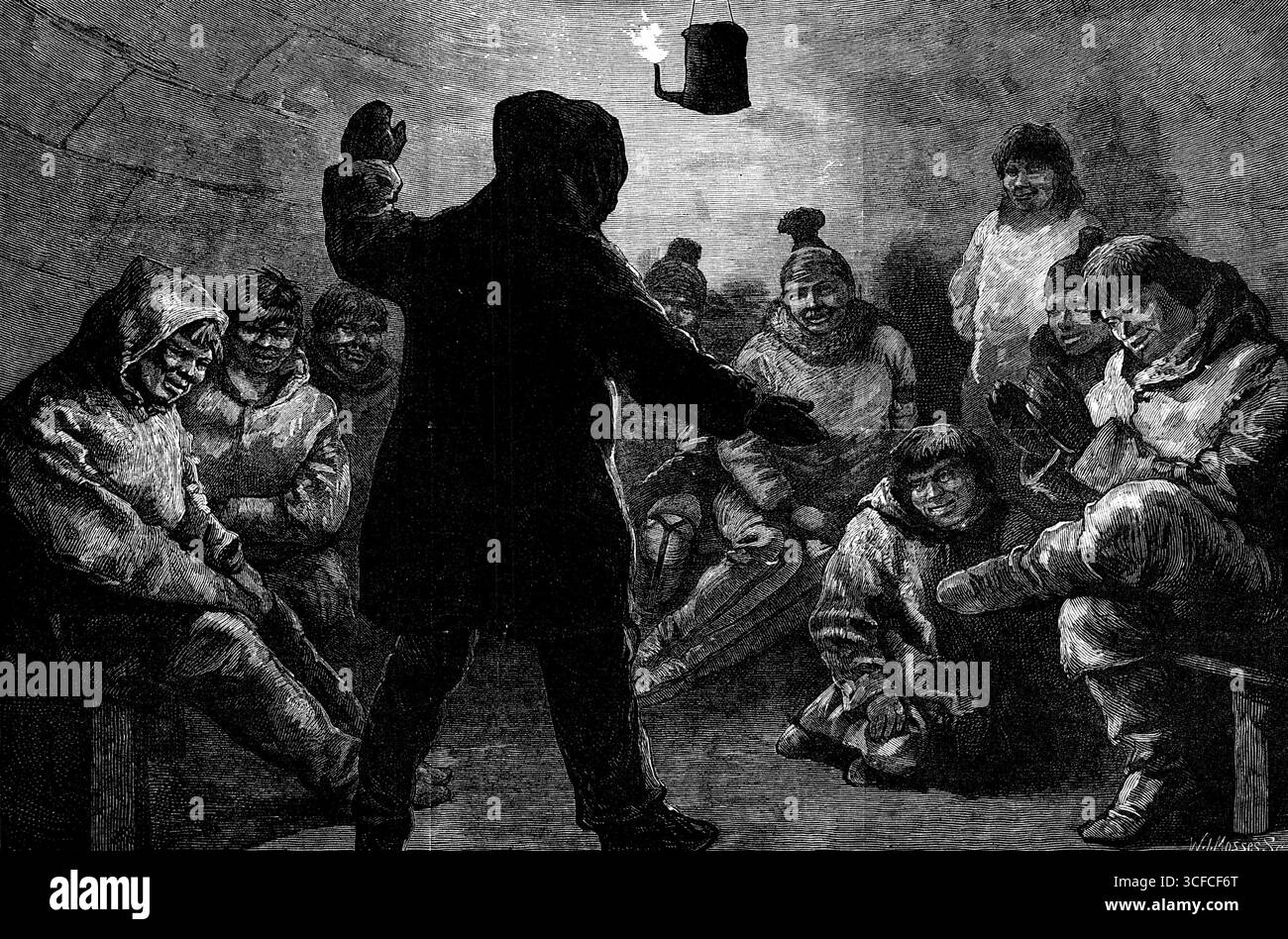 Die American Franklin Search Expedition: Kalandi spielt unter den Netchillik Esquimaux, 1881. Gravur einer Szene während der Reise von Leutnant Schwatka und seinen Gefährten auf der Expedition, die von der American Geographical Society of New York zu Fuß unternommen wurde, um nach Spuren und Relikten des Schicksals von Sir John Franklin und den Offizieren und Mannschaften des Erebus and Terror zu suchen, machte eine Reihe von Skizzen und führte ein Tagebuch. die er uns zur Verfügung gestellt hat... (unsere Illustration Stockfoto