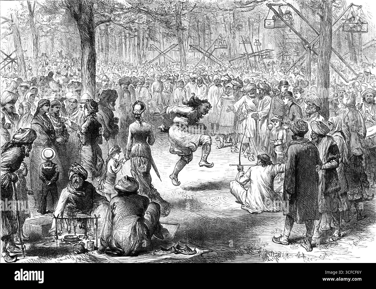 Seepee Fair, in der Nähe von Simla, im Himalaya, 1881. Gravur einer Skizze von Major J. M. Richardson, R.A.: "Einmal im Jahr strömen die Eingeborenen aus allen benachbarten Bezirken in ihren neuesten Kleidern zum Seepee-Tempel... das Hauptgeschäft ist der Verkauf der überflüssigen weiblichen Bevölkerung... auch dort sind europäische Damen und Herren, die mit den Händlern wetteifern, um die Bergmädchen aus der Sicht zu betrachten... rundum der offenste und ebenste Teil des Waldes wirbelt Hunderte von Karussell... auf der einen Seite gibt es eine Anzahl von kleinen Ständen voller Scheinschmuck, von denen der größte Teil f Stockfoto
