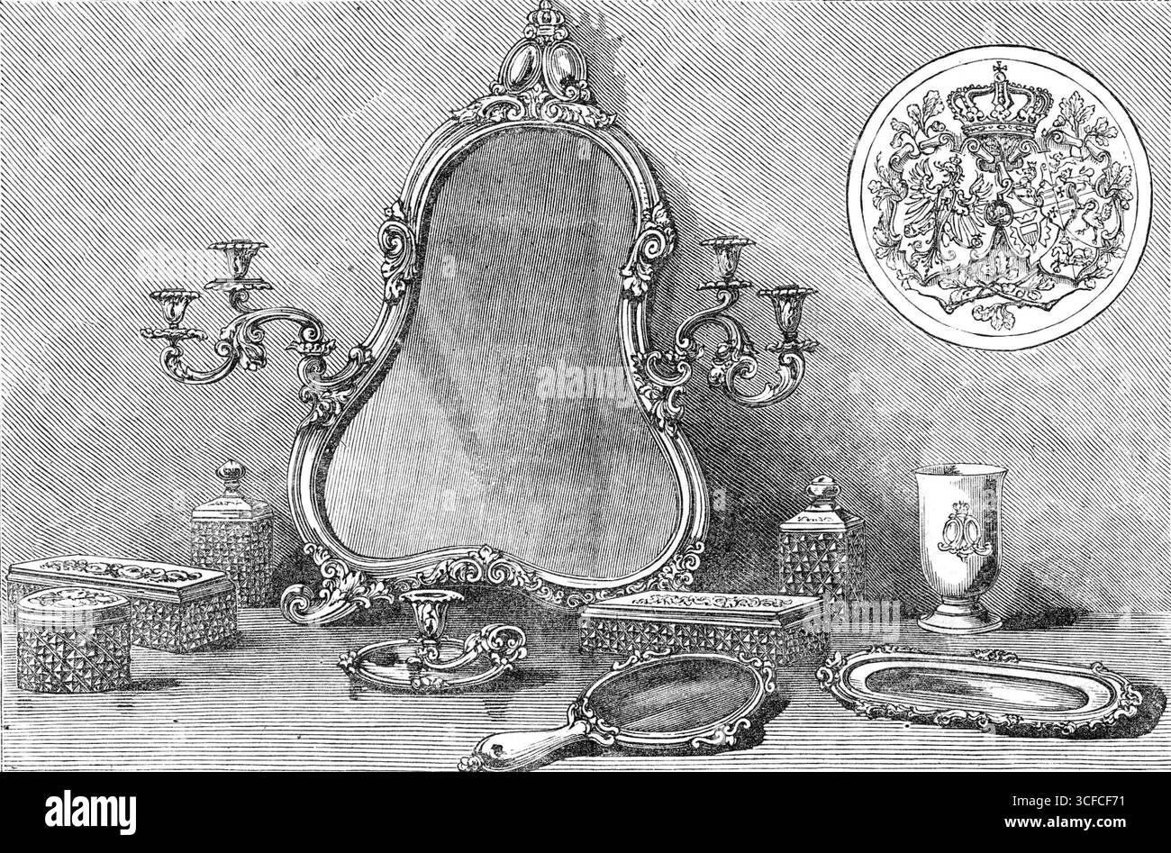 Silberne Frisiertisch-Artikel präsentiert von Prinz &amp; Prinzessin Christian von Schleswig-Holstein, 1881. "Die Geschenke an Braut und Bräutigam sind sehr teuer, Prinz und Prinzessin Christian von Schleswig-Holstein, der Onkel der Braut und ihre Tante durch Heirat, haben zu diesem Zweck eine Reihe von Artikeln für den Frisiertisch in Silber, hergestellt vom Hofjuwelier und Silberschmied Herrn H. J. Wilm aus der Jerusalemer-Straße, Berlin, die in unserer Abbildung gezeigt werden. Der Spiegel wird von zwei kleinen Schilden überlagert, die jeweils die Arme des bri zeigen Stockfoto