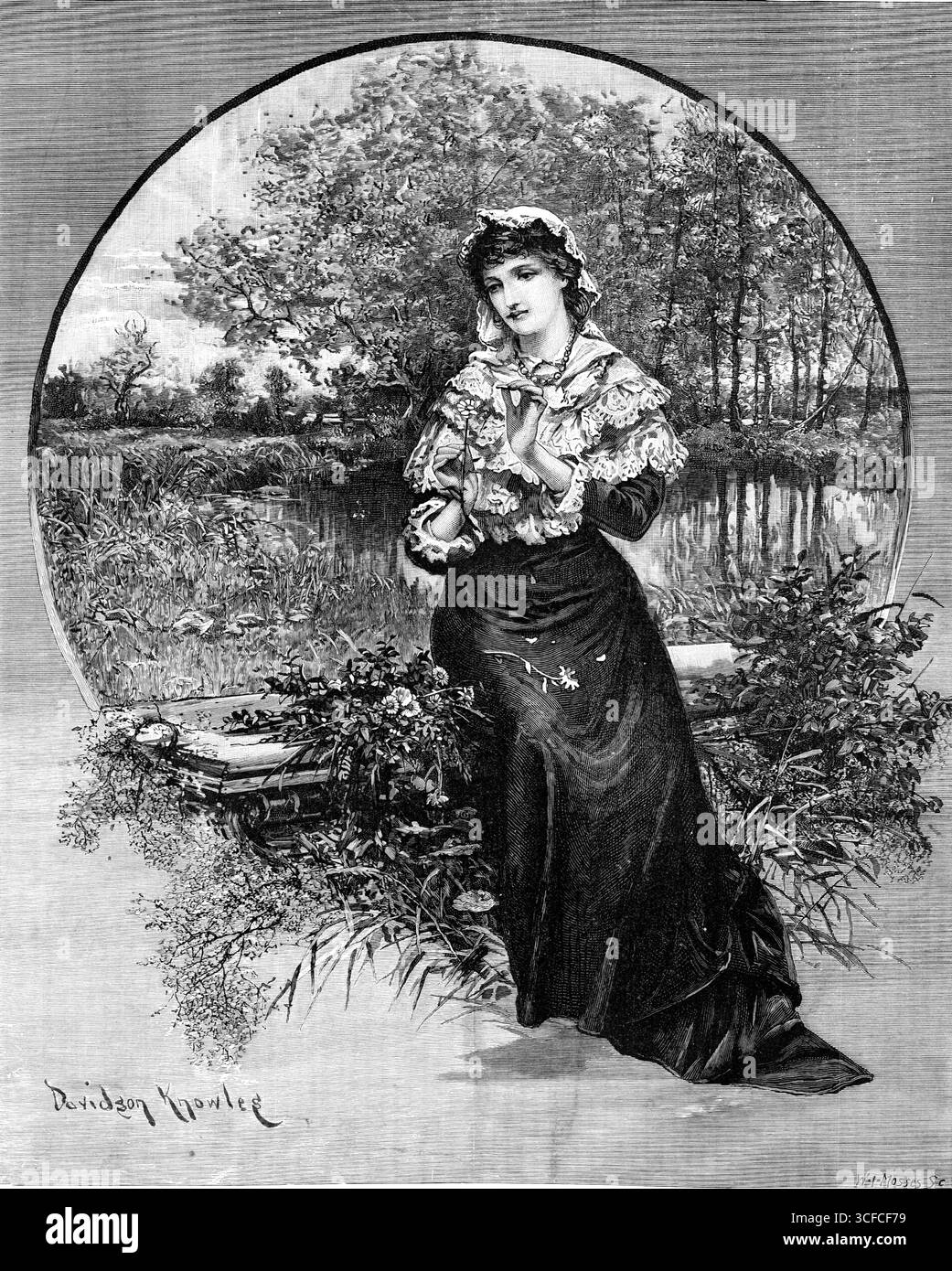 Jungfrau-Meditation, 1881. "Ein fantasievoller Aberglaube hat dem Zupfen und Zählen der Blütenblätter einer Blume zugeschrieben, mit einer mystischen Interpretation ihrer Zahl - von der jeder Botaniker weiß, dass sie das strenge Ergebnis wissenschaftlicher Gesetze ist - das Mittel, um festzustellen, was einige junge Damen wissen möchten. "Er liebt mich - liebt mich nicht"...it wäre viel besser für ihren Seelenfrieden, wenn sie die Blume in Ruhe lassen würde... und wenn sie diese lästige Frage vergessen würde... "in der Mädchenmeditation"... aber nicht gerade "fantasievoll-frei", ist die nachdenkliche junge Frau beweisbar Stockfoto