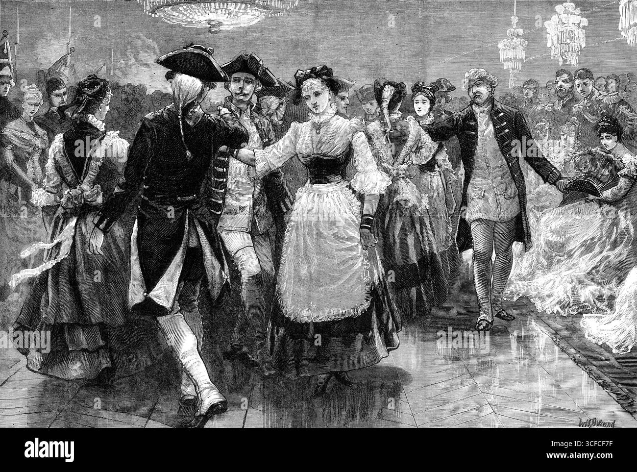 Königliche Heiratsfeste in Berlin: Kostümquadrille tanzte vor Kaiser und Kaiserin, 1881. "Die Hochzeit von Prinz Wilhelm von Preußen, dem Enkel von Königin Victoria, mit Prinzessin Victoria von Schleswig-Holstein, Nichte von Prinz Christian, dem Ehemann der Tochter unserer Königin Prinzessin Helena, wurde am vergangenen Sonntag in Berlin gefeiert. Unser Spezialkünstler, Mr. W. Simpson, stellt die Illustrationen zur Verfügung, die in dieser Nummer unseres Journals präsentiert werden... eine seiner Skizzen zeigt den Tanz einer Quadrille in schicken Kleidern des 18. Jahrhunderts auf dem State Ball, der Teil des Festes war Stockfoto