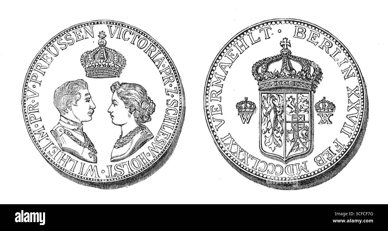Hochzeitsmedaille für die königliche Ehe in Berlin, 1881. "Die Hochzeit von Prinz Wilhelm von Preußen, dem Enkel von Königin Victoria, mit Prinzessin Victoria von Schleswig-Holstein, Nichte von Prinz Christian, dem Ehemann der Tochter unserer Königin Prinzessin Helena, wurde am vergangenen Sonntag in Berlin gefeiert... Eine große Medaille, entworfen, um dieser königlichen Ehe zu gedenken, soll in Gold, Silber und Bronze geschlagen werden. Eine Seite der Medaille zeigt die Porträts des Prinzen und der Prinzessin, überragt von der preußischen Königskrone. Auf der Rückseite befindet sich ein Schild mit den Armen, die von Kronen überlagert sind, mit ihren Stockfoto