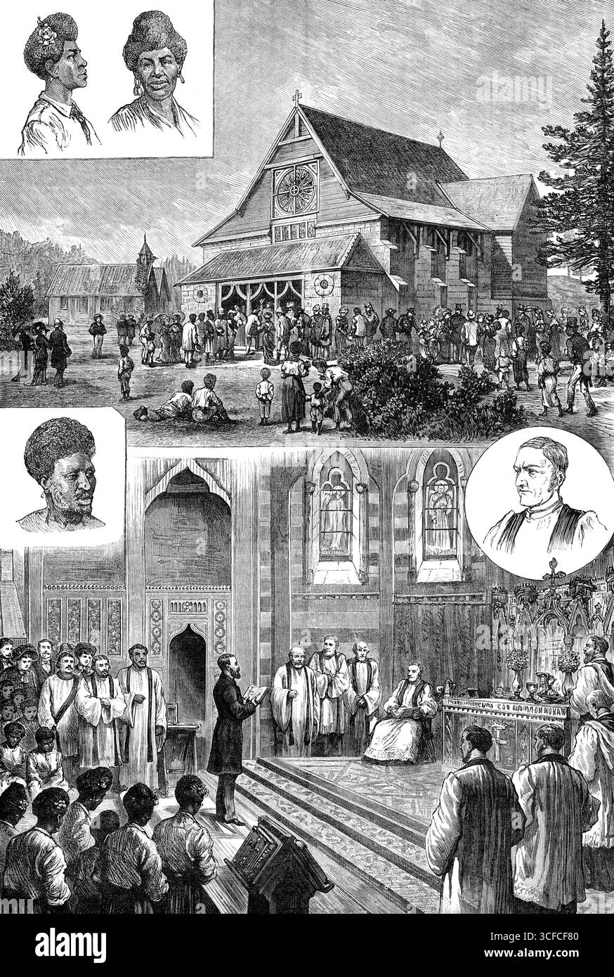 Weihe der Bishop Patteson Memorial Church (St. Barnabas), Norfolk Island, 1881. Gravuren aus Skizzen von Pfarrer Philip Walsh. "1. Außerhalb der Kirche, mit Versammlungen der Gemeinde. 2. Lesung des Antrags der Treuhänder auf Weihe. 3. Der Bischof von Melanesien (der rechte Pfarrer John Richardson Selwyn). 4, 5 und 6. Der beklagenswerte Tod von John Coleridge Patteson, [erster] Bischof der Missionsdiözese Melanesien, im Jahr 1871, ist ein bemerkenswerter Vorfall der Geschichte religiöser und philanthropischer Unternehmungen. Er wurde grausam erschlagen, p Stockfoto