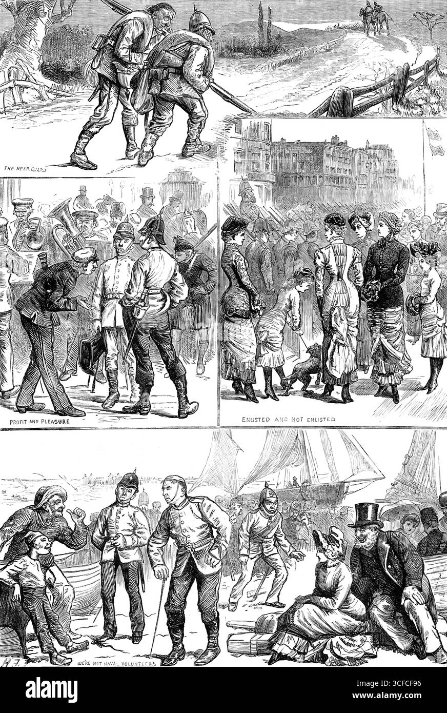 Skizzen bei der Brighton Volunteer Review, 1881. Jährliche militärische Veranstaltung, organisiert von der britischen Armee. „Die hintere Garde; Profit und Vergnügen; engagiert und nicht engagiert; Wir sind keine Marinefreiwilligen... die Feldmanöver am Ostermontag und die Parade des Metropolitan Volunteer Corps wurden bei sehr schönem Wetter, hell und sonnig, mit einem starken Ostwind, aber nicht zu kalt, bevorzugt“. Aus Illustrated London News, 1881. Stockfoto