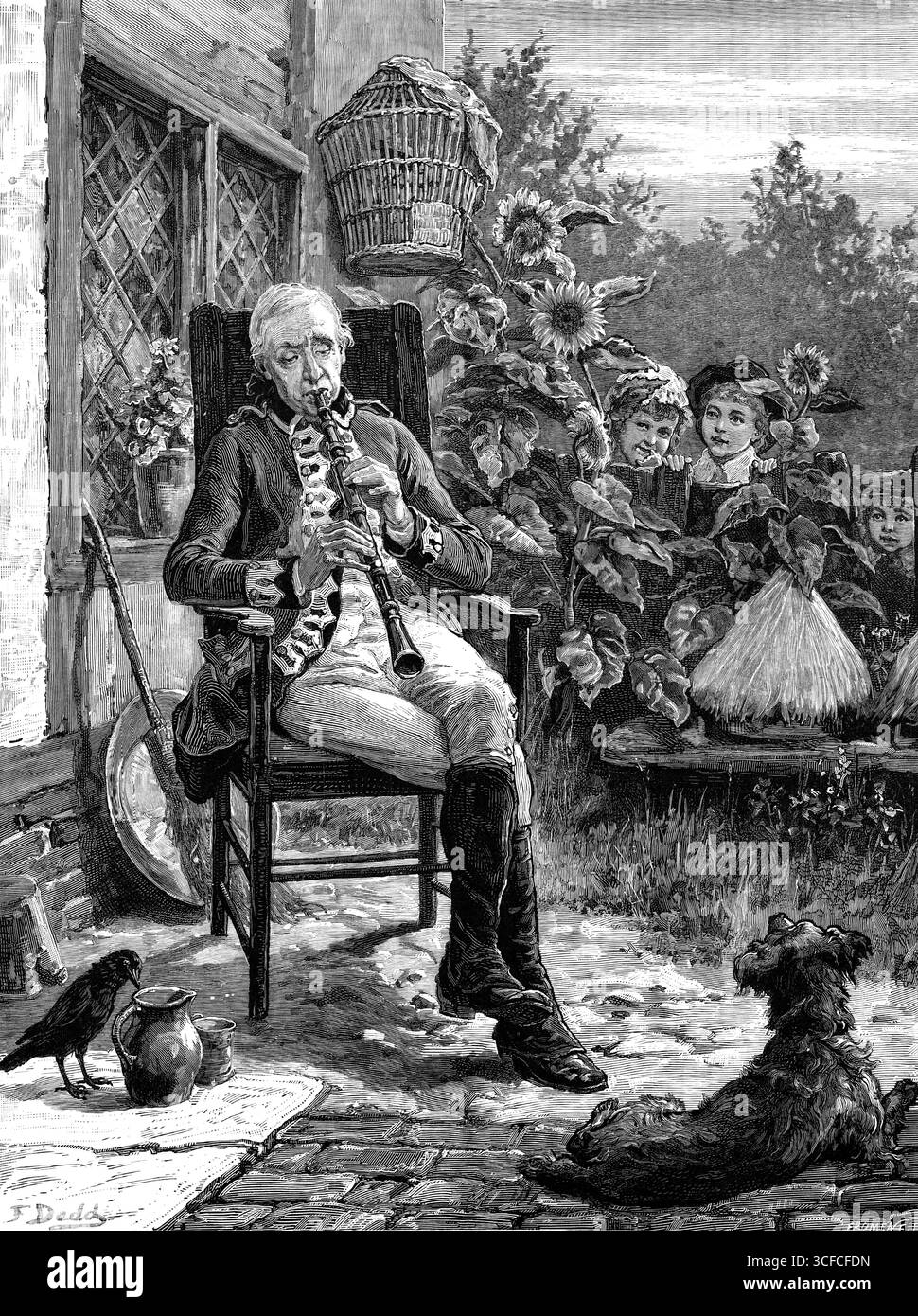Die Piping Times of Peace, 1881. "Der alte Soldat der französischen Kriege, der jetzt in seinem rustikalen Garten zu Hause sitzt und eine Melodie auf der Klarinette spielt, zur Unterhaltung der zuhörenden Mädchen hinter dem Zaun, ist sicher ein angenehmer Vertreter der unschuldigen Ruhe von den Mühen und Gefahren des grimmigen Krieges... es gibt eine so malerische, altmodische Luft des letzten Jahrhunderts über diesen alten Kerl, und seine Uniform... ist vom gleichen alten Muster. Es wäre schön, ein oder zwei Stunden mit ihm zu sitzen, und wenn er alles, was er weiß, auf dem Musikinstrument gespielt hat, das eine Gewohnheit ergibt Stockfoto