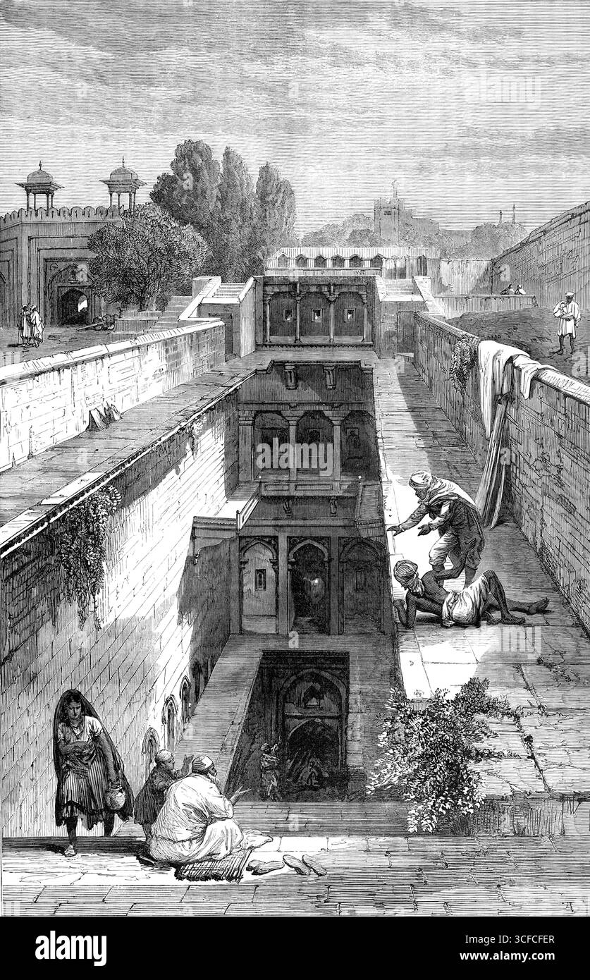 Hindoo-Schrein in Allahabad, 1881. "Diese alte und ehrwürdige Stadt Indiens, am Zusammenfluss der Jumna mit dem Ganges, 500 Meilen nordwestlich von Kalkutta, wurde in den vergangenen Zeiten nacheinander von Anhängern der Brahmanen und der muslimischen Religionen geheiligt. Die Jumna Musjid, oder große Moschee, ist ein herrliches Gebäude neben der Esplanade des Forts, aber es gibt einen unterirdischen Hindoo-Tempel unter dem Fort, der durch einen langen, nach unten geneigten Durchgang betreten wird, der von den Gläubigen des antiken indischen Aberglaubens sehr verehrt wird. Es ist mit riesigen Figuren ihrer mythologischen Gottheiten, A, geschmückt Stockfoto