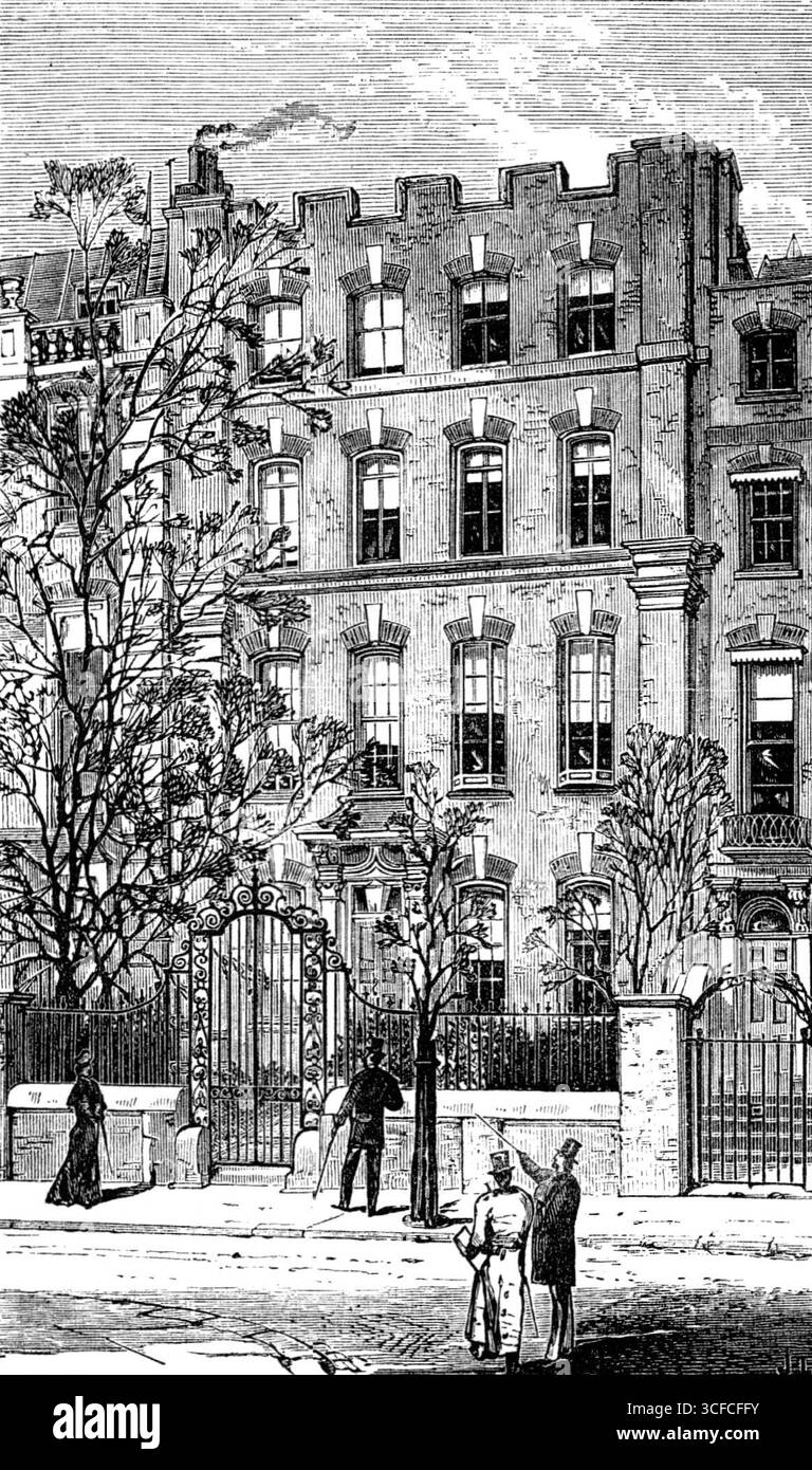 Nr. 4, Cheyne-Walk, Chelsea, die Residenz des verstorbenen George Eliot, 1881. „Die Beerdigung von Mrs. Cross, ehemals Miss Mary Ann Evans, aber am bekanntesten unter ihrem angenommenen Namen von „George Eliot“, fand am Mittwoch der letzten Woche auf dem High Gate Cemetery statt... da wir nicht in der Lage waren, zur Reproduktion in diesem Journal irgendein Porträt der verstorbenen Mrs. Cross zu beschaffen, zeigen wir nur einen Blick auf das Haus in Cheyne-Walk, in Chelsea, wo sie zum Zeitpunkt ihres Todes Todes Todes Vaters lebte.“. Aus Illustrated London News, 1881. Stockfoto