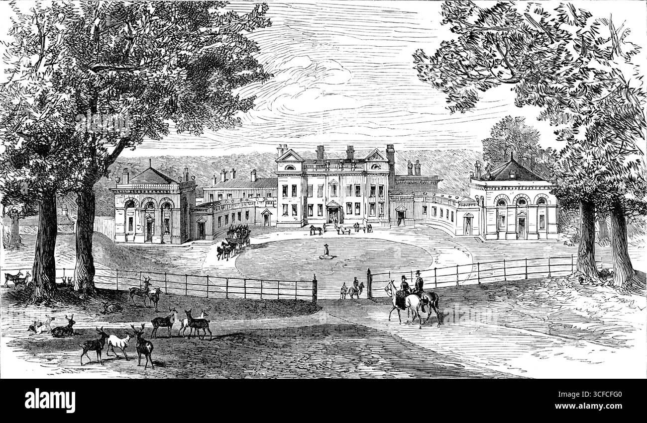 Normanton Park, Rutlandshire - Blick aus Südosten, 1881. Lord Avelands Hauptsitz in Rutland... . Es ist sehr angenehm und malerisch am Hang eines Fachwerkparks gelegen, 500 Hektar groß und gut mit Hirschen bestückt. Es ist ein schönes Herrenhaus des ionischen Ordens, das am Ende des letzten Jahrhunderts an der Stelle des früheren Hauses umgebaut wurde, und besteht aus einer zentralen Höhe von drei Etagen, mit zwei Flügeln gleicher Höhe, und einem halbkreisförmigen Bogen von einstöckigen Räumen auf beiden Seiten, mit ornamentalen Blöcken von Gebäuden für Ställe und andere Zwecke... das ganze Stockfoto