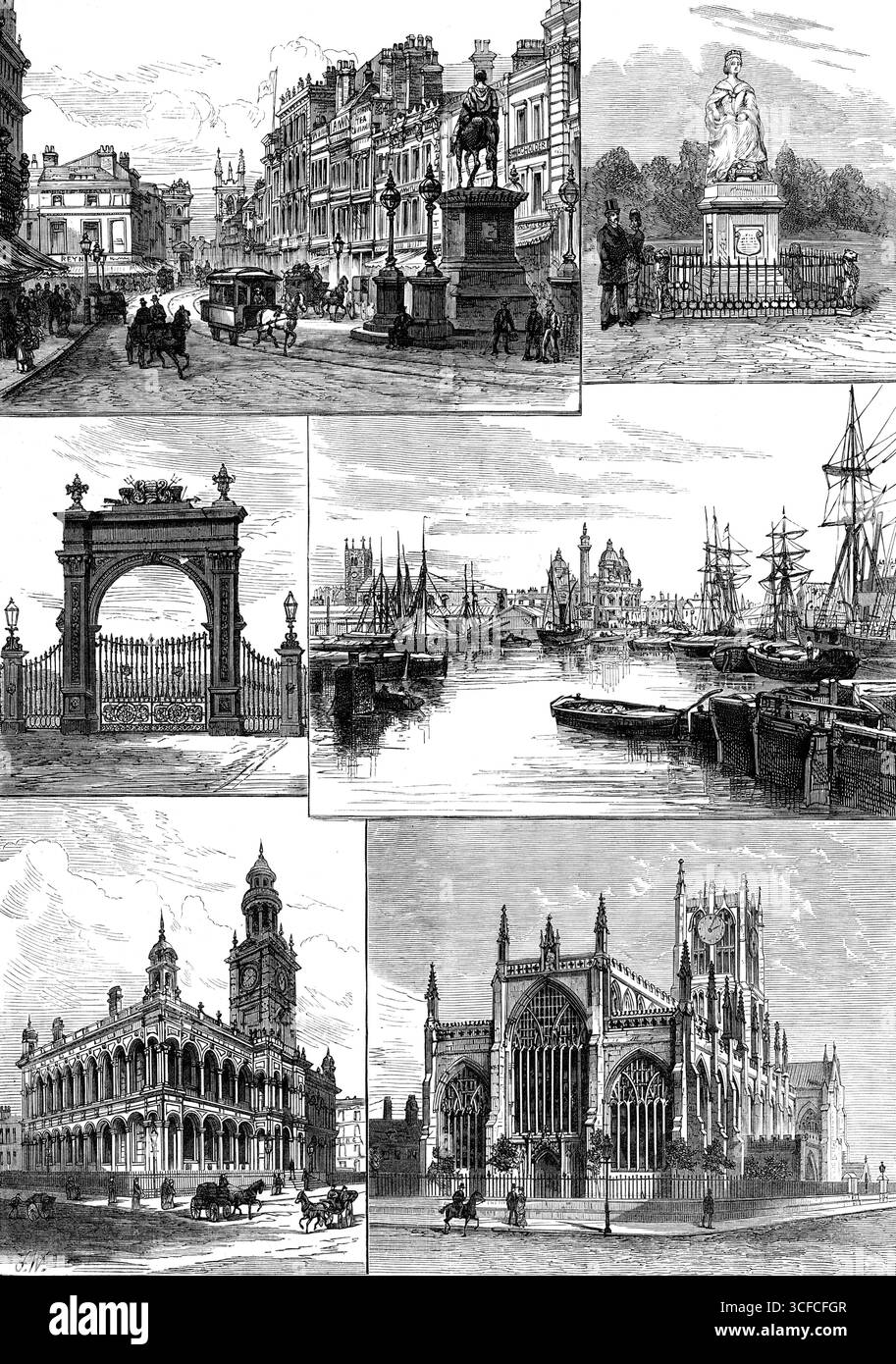 Beginn der Hull, Barnsley und West Riding Railway and Dock - Ausblicke in Hull, 1881. Kupferstiche aus Fotografien von W. J. Wellsted und Son. "1. Marktplatz mit König Wilhelm III. Statue. 2. Statue von Königin Victoria im Park. 3. Parktor. 4. Prinzessin Dock, mit dem Dock Office und dem Wilberforce Monument. 5. Townhall, in Lowgate. 6. Heilige Dreifaltigkeitskirche (Westansicht)... die Stadt selbst ist nicht sehr schön, hat aber mehrere gute Gebäude, von denen zwei oder drei in unseren Abbildungen zu sehen sind. Das Dock Office, das sich zwischen den Queen's und dem Junction Dock befindet, ist eine schöne IT Stockfoto