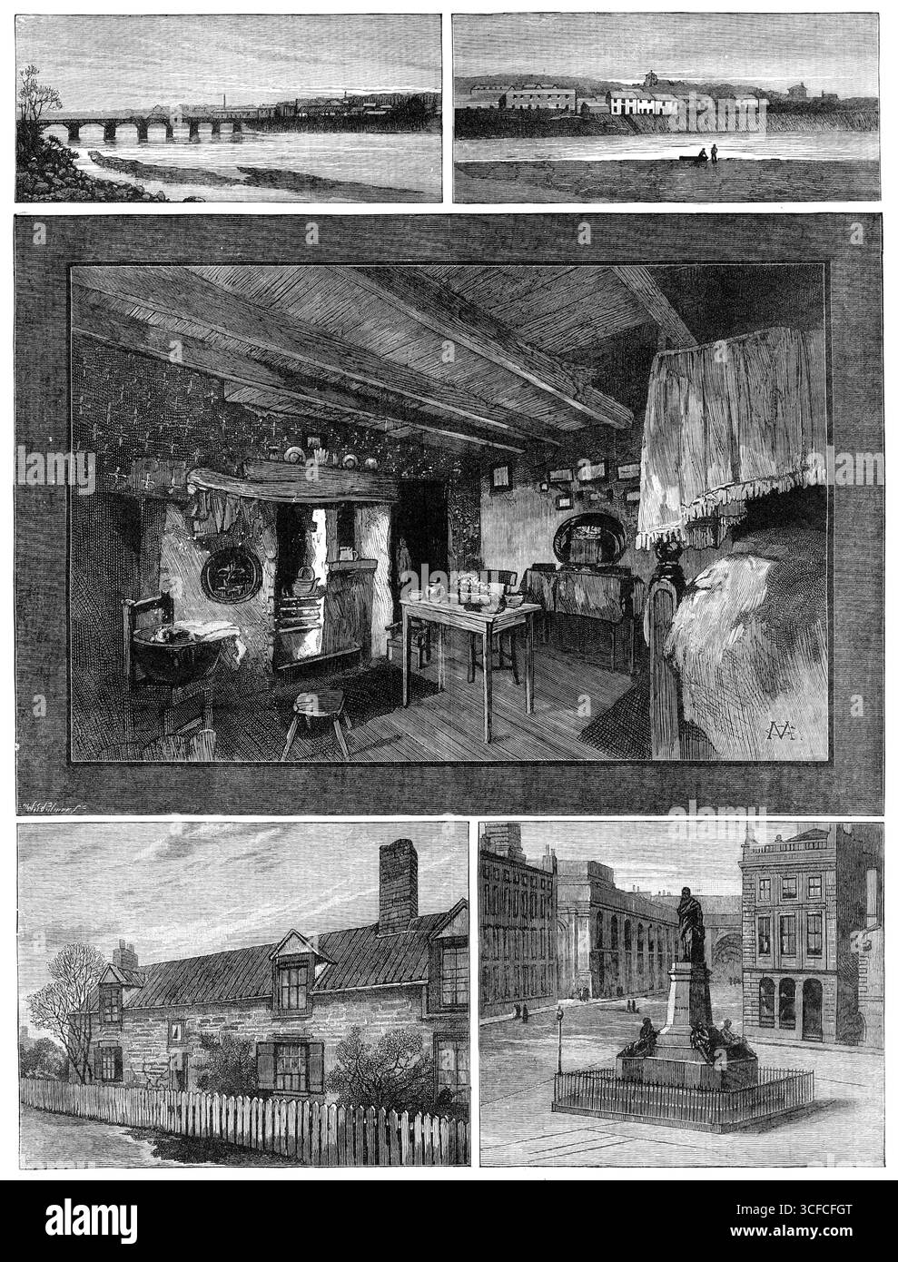 Das Jahrhundert von George Stephenson, Vater der Eisenbahn, 1881. Wylam-on-Tyne; Newburn-on-Tyne; das Zimmer, in dem Stephenson geboren wurde, im Street House, Wylam; Stephensons Hütte in Killingworth; Monument to Stephenson in Newcastle-on-Tyne. Illustration, veröffentlicht in einer speziellen Beilage zum hundertsten Geburtstag des britischen Bauingenieurs und Maschinenbauingenieurs George Stephenson (1781-1848). Aus Illustrated London News, 1881. Stockfoto