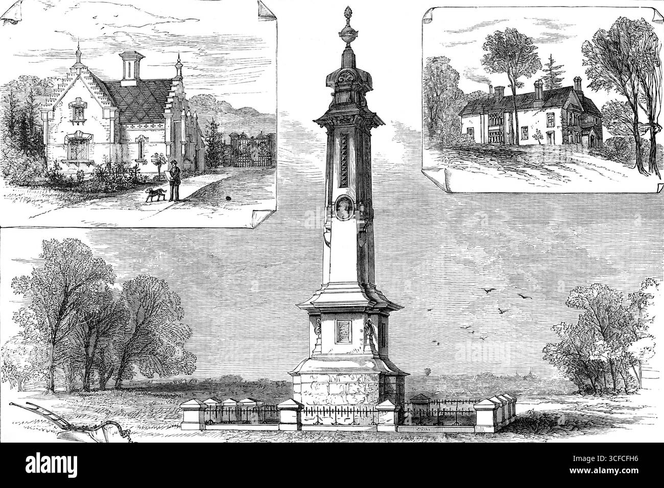 Lodge Gate, Hughenden; das Vikarage; Denkmal im Hughenden Park zum Gedenken an Isaac Disraeli und Viscountess Beaconsfield, 1881. Blick auf das Torhaus von Benjamin Disraelis Landhaus Hughenden Manor in High Wycombe; das Vicarage; das Disraeli Monument für den britischen Schriftsteller und Gelehrten Isaac D’Israeli, entworfen vom Architekten Edward Buckton Lamb. Das Denkmal wurde von der Schwiegertochter Mary Anne Disraeli in Auftrag gegeben, die mit seinem ältesten Sohn, dem Politiker und Schriftsteller Benjamin Disraeli, verheiratet war. Das Denkmal wurde heimlich von Mary Anne geplant und errichtet, ohne dass ihr Mann davon wusste Stockfoto