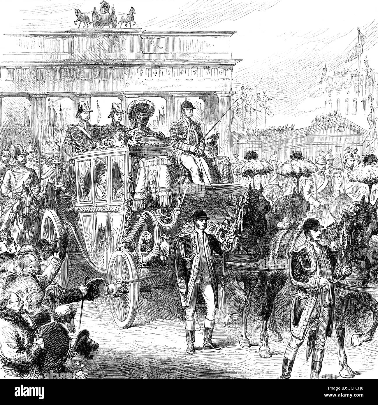 Königliche Ehe - Staatseinzug der Braut nach Berlin: Prozession über das Brandenburger Tor, 1881. "Die Hochzeit von Prinz Wilhelm von Preußen, dem Enkel von Königin Victoria, mit Prinzessin Victoria von Schleswig-Holstein, Nichte von Prinz Christian, dem Ehemann der Tochter unserer Königin Prinzessin Helena, wurde am vergangenen Sonntag in Berlin gefeiert. Unser Spezialkünstler, Mr. W. Simpson, stellt die Illustrationen zur Verfügung, die in dieser Nummer unseres Journals gezeigt werden. Am Samstagnachmittag, zwischen zwei und drei Uhr, wurde die Prinzessin vom Schloss Bellevue, das sich im Prinzessin befindet, in die Stadt geführt Stockfoto