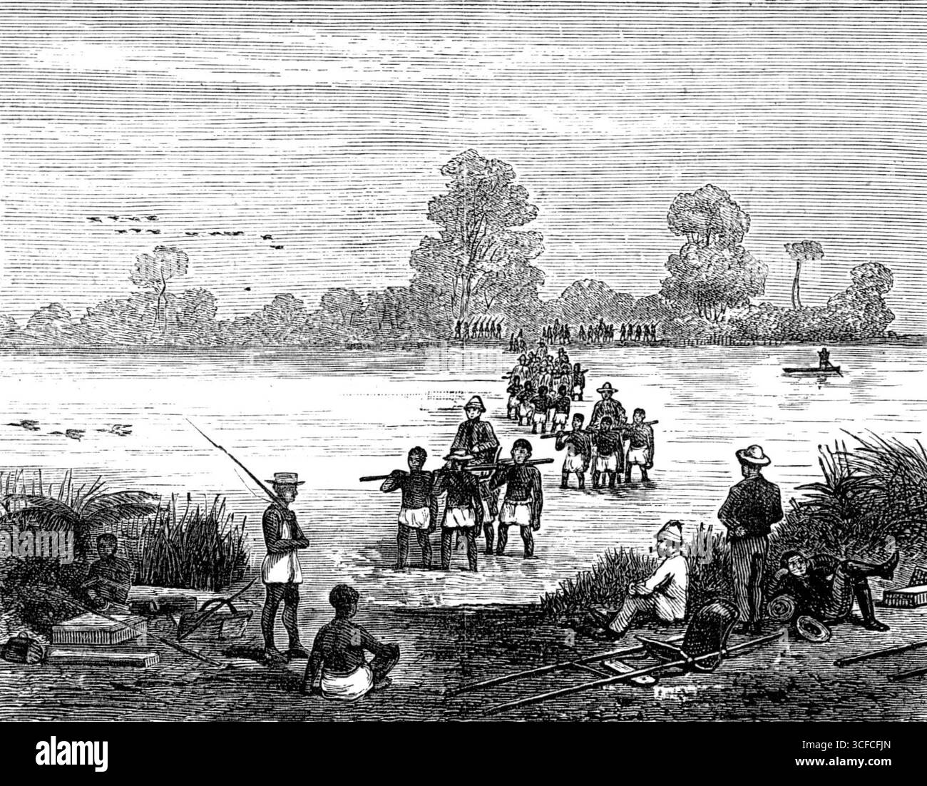 Skizzen in Madagaskar: Überquerung des Mourondava-Flusses, nahe Mohabo, 1881. Gravur nach einer Skizze des Stabchirurgen J. N. Stone, Royal Navy. Captain C. E. Foote landete mit einer Gruppe von Offizieren und Seeleuten unter seinem Kommando in Mourondava an der Südwestküste Madagaskars, auf Einladung des Gouverneurs der Provinz Hova, und reiste achtzig Meilen landeinwärts nach Mohabo, wo sie höflich und gastfreundlich unterhalten wurden. Die einheimischen Förderanlagen, die Filanzanas genannt wurden, wurden freundlicherweise für alle geliefert; es handelt sich um eine Art offenes Palanquin, gebildet aus zwei festen Stangen, zwischen denen sich ein Sitz befindet Stockfoto Skizzen in Madagaskar: Überquerung des Mourondava-Flusses, nahe Mohabo, 1881. Gravur nach einer Skizze des Stabchirurgen J. N. Stone, Royal Navy. Captain C. E. Foote landete mit einer Gruppe von Offizieren und Seeleuten unter seinem Kommando in Mourondava an der Südwestküste Madagaskars, auf Einladung des Gouverneurs der Provinz Hova, und reiste achtzig Meilen landeinwärts nach Mohabo, wo sie höflich und gastfreundlich unterhalten wurden. Die einheimischen Förderanlagen, die Filanzanas genannt wurden, wurden freundlicherweise für alle geliefert; es handelt sich um eine Art offenes Palanquin, gebildet aus zwei festen Stangen, zwischen denen sich ein Sitz befindet Stockfoto