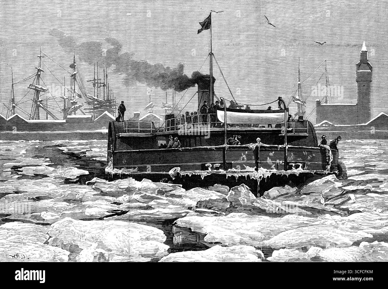 Liverpool während des Frosts: Schwierigkeiten des Mersey Ferry-Verkehrs, 1881. Einige der Sketches, die diese Woche vorgestellt wurden, zeigen die ungewöhnlichen Szenen, die in Liverpool während einiger Tage des späten starken Frosts beobachtet wurden. Riesige Mengen schwimmendes Eis wurden durch die Ebbe der hohen Frühlingsfluten den Fluss Mersey hinunter gebracht. Die Dampfschiffe der Birkenhead-Fähre hatten, obwohl sie von beträchtlicher Größe und Kraft waren, manchmal große Schwierigkeiten, den Fluss zu überqueren, während die Rock Ferry and Tranmere-Verbindung mehr als einmal angehalten wurde. Eine große Anzahl von Möwen wurde durch Nahrungsmangel gezwungen, nach oben zu kommen Stockfoto