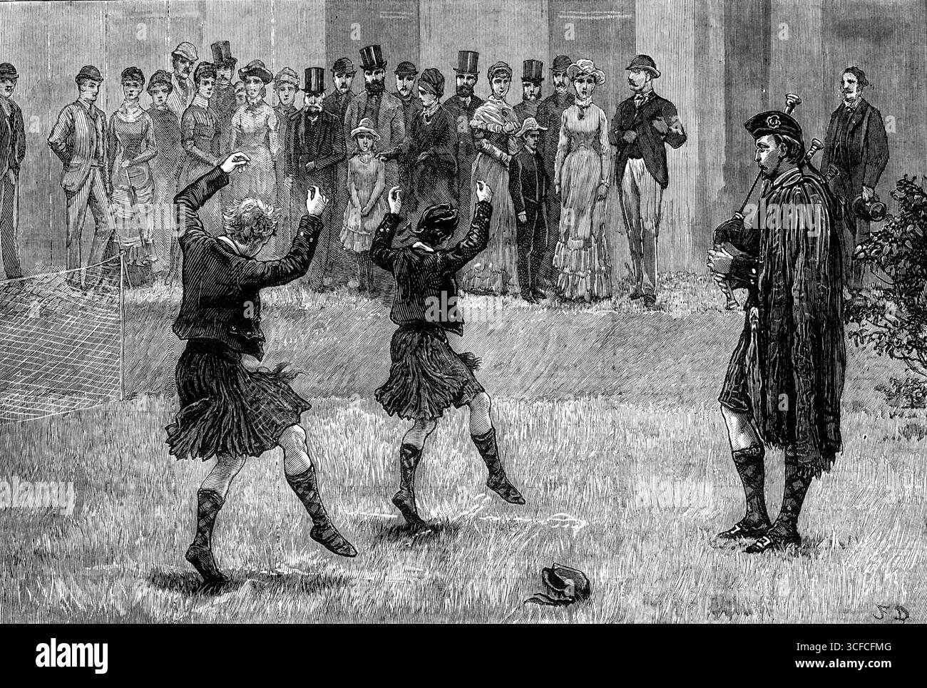 Schwerttanz der Jungen des Royal Caledonian Asylum im Westbrook Park, Godalming, 1881. "Die Kinder schottischer Soldaten, Seeleute und Marinesoldaten, die im öffentlichen Dienst gestorben sind oder behindert wurden, und die Kinder von ärgerlichen schottischen Eltern in London, die keine Rechtshilfe erhalten, sind die Objekte dieser patriotischen und karitativen Einrichtung... das bekannte Gebäude in der Caledonian-Road, Islington, bietet eine gute Unterkunft für 126 Jungen und Mädchen, sowie für die Matronin, den Schulmeister und die Schulmeisterin, den Sergeant und die Piper, die Piper und die bequeme Schule. Sir Charles R. McGri Stockfoto