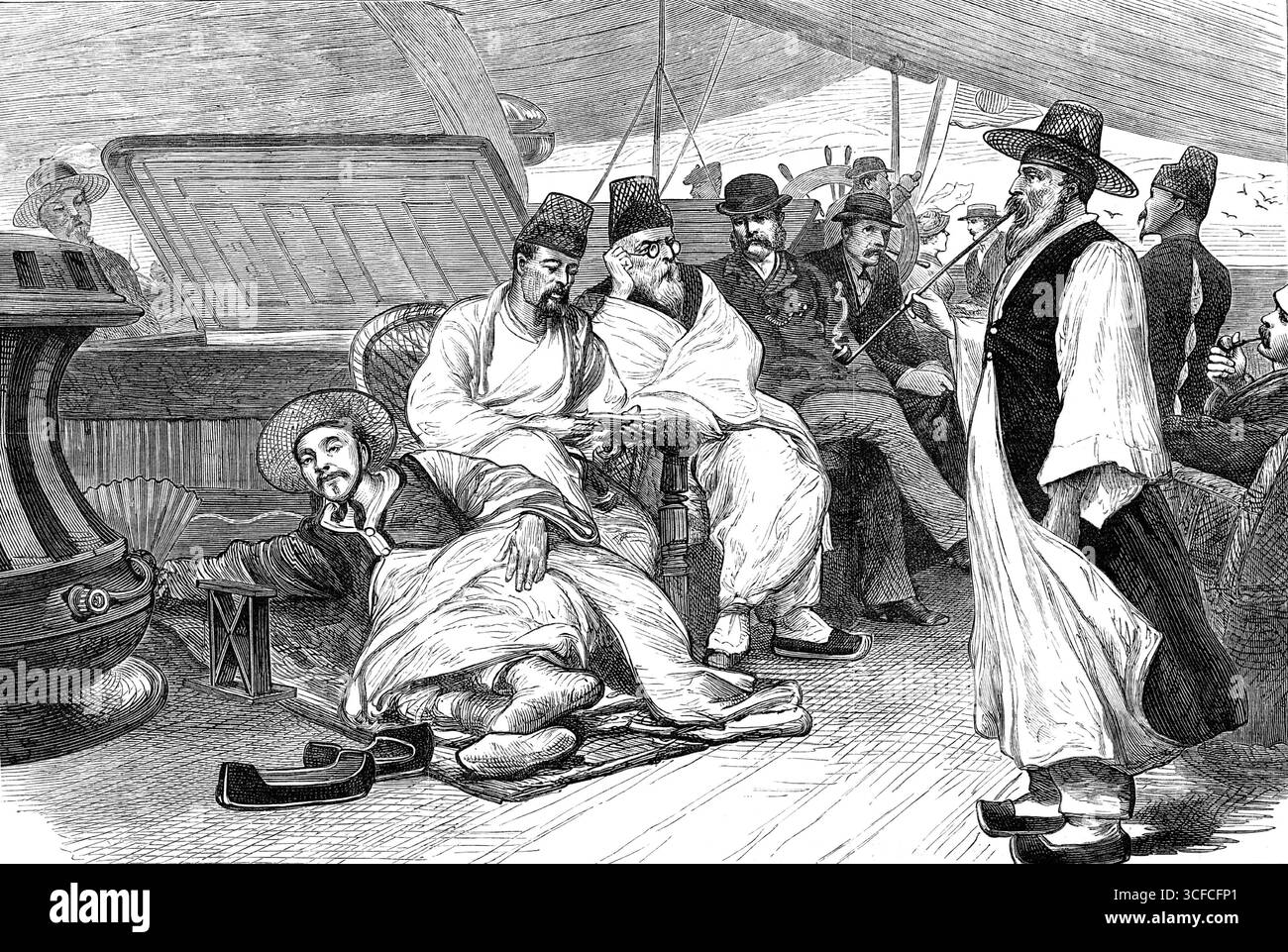 Die Corean-Botschafter kehrten 1881 an Bord des japanischen Dampfschiffes Sakasago Masu zurück. "Einer unserer Reisender Spezialkünstler, Herr Joseph Bell, ist nach Ostasien gegangen, mit einem Entwurf, um seinen Weg zu finden... durch das Innere Nordchinas und durch die Chinesische Tartar oder die Mongolei, zu den russischen Herrschaften in der Region Turkestan... in der Zwischenzeit hat er... die Gelegenheit, eine Reise in das benachbarte Königreich Corea zu machen, dies ist eine Halbinsel des nordasiatischen Festlandes, jenseits des Gelben Meeres, die vom südlichen Teil der japanischen Inseln durch eine Meerenge von etwa 200 km getrennt ist Stockfoto Die Corean-Botschafter kehrten 1881 an Bord des japanischen Dampfschiffes Sakasago Masu zurück. "Einer unserer Reisender Spezialkünstler, Herr Joseph Bell, ist nach Ostasien gegangen, mit einem Entwurf, um seinen Weg zu finden... durch das Innere Nordchinas und durch die Chinesische Tartar oder die Mongolei, zu den russischen Herrschaften in der Region Turkestan... in der Zwischenzeit hat er... die Gelegenheit, eine Reise in das benachbarte Königreich Corea zu machen, dies ist eine Halbinsel des nordasiatischen Festlandes, jenseits des Gelben Meeres, die vom südlichen Teil der japanischen Inseln durch eine Meerenge von etwa 200 km getrennt ist Stockfoto
