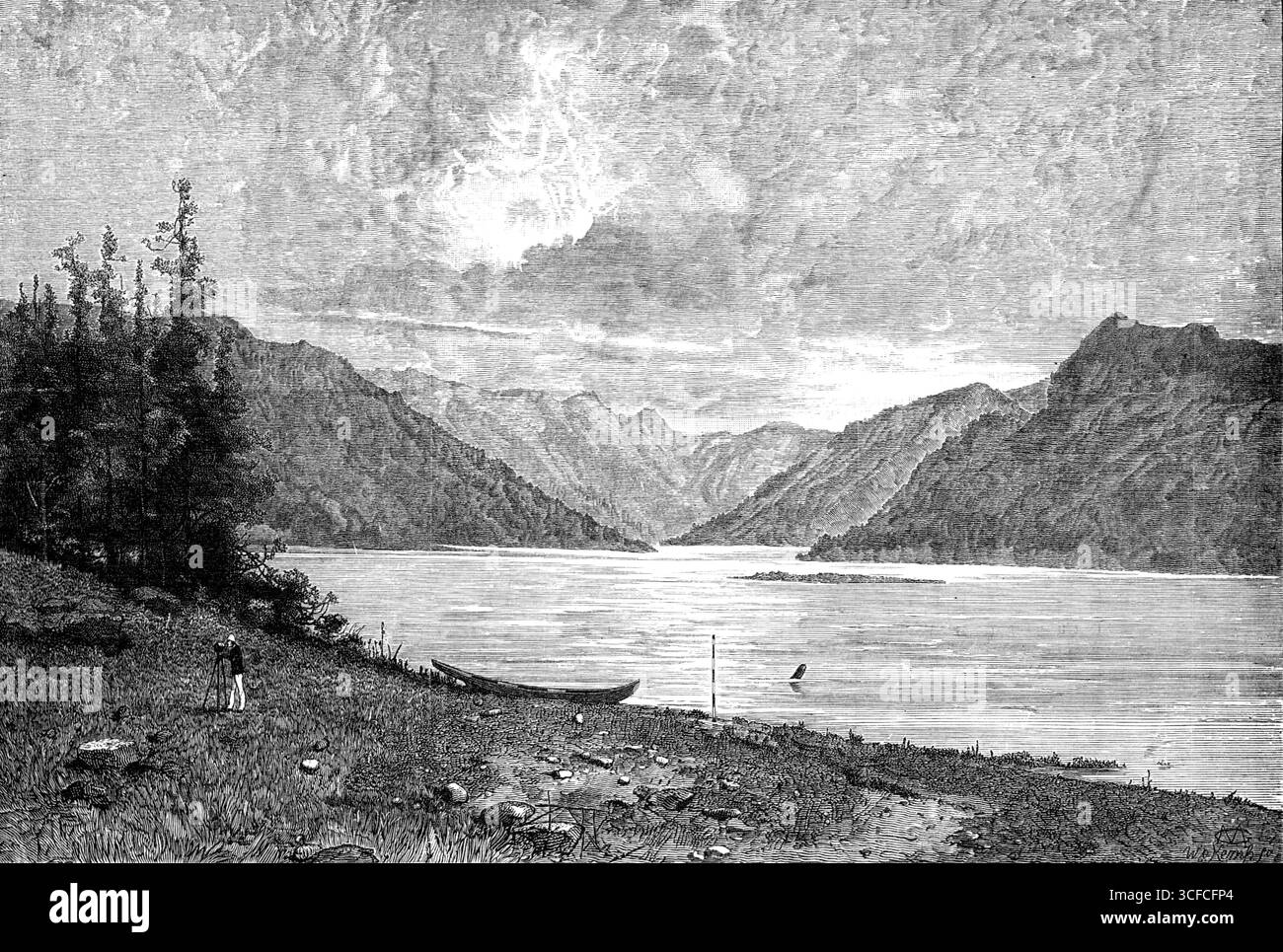 Sketches in British Columbia: Mouth of the River Skeena, 1881. „Die westlichste Provinz Britisch-Amerikas oder besser gesagt der konföderierten Gruppe von Kolonialprovinzen, die jetzt als „Dominion von Kanada“ bezeichnet werden, ist British Columbia, mit der annektierten Vancouver Island, die die Pazifikküste und das Binnengebiet bildet... British Columbia allein ist fast doppelt so groß wie Großbritannien und ist, obwohl gebirgig, genauso produktiv und bevölkerungsfähig wie die Atlantikprovinzen... mit einem viel genialeren Klima, einem riesigen Vorrat an Mineralreichtum und wertvollsten Wäldern Stockfoto
