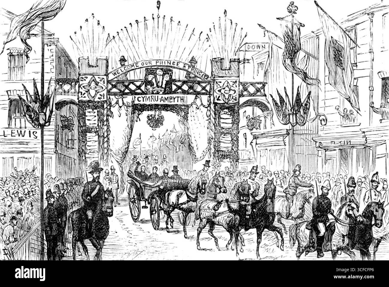 Der königliche Besuch in Swansea: Die Prozession durch die High-Street, 1881. Ihre Königlichen Hoheiten, der Prinz und die Prinzessin von Wales, haben diese Woche die Stadt Swansea besucht, anlässlich der Eröffnung des neu errichteten East Dock für die Unterbringung einer größeren Klasse von Dampfschiffen in diesem aufsteigenden Handelshafen... einer der Triumphbögen, die in High-Street standen, war ein Beispiel für die Wollindustrie der Stadt. Es wurde von den Herren Parry und Rocke, Wollklammern und Fallmondänen, unter der Aufsicht eines lokalen Architekten, Mr. A. R. errichtet Stockfoto Der königliche Besuch in Swansea: Die Prozession durch die High-Street, 1881. Ihre Königlichen Hoheiten, der Prinz und die Prinzessin von Wales, haben diese Woche die Stadt Swansea besucht, anlässlich der Eröffnung des neu errichteten East Dock für die Unterbringung einer größeren Klasse von Dampfschiffen in diesem aufsteigenden Handelshafen... einer der Triumphbögen, die in High-Street standen, war ein Beispiel für die Wollindustrie der Stadt. Es wurde von den Herren Parry und Rocke, Wollklammern und Fallmondänen, unter der Aufsicht eines lokalen Architekten, Mr. A. R. errichtet Stockfoto