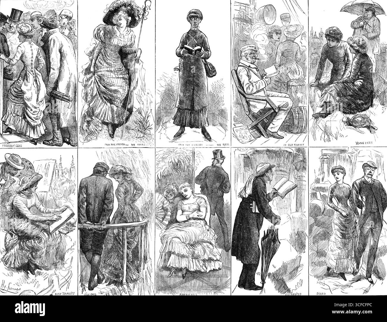 Sorten der Touristenart, 1883. "Verschiedenes; von den Franzosen - das ideal; von den Engländern - das echte; ein alter Tourist; Junge; beschäftigte Touristen; leblose; Amerikaner, verzaubert, gelangweilt...[unter] englischen Leuten der Mittelschicht... die Unterhaltung läuft hauptsächlich auf den topics...in eigenen Zeitungen, gestützt von starken britischen Vorurteilen, die die Ideen der Kontinentalwelt trotzig ignorieren. Aber der philosophische Student der Menschheit... achtet nicht auf ihre vehementen Meinungen und widmet sich der Prüfung einzelner Arten von Temperament, Züchtung und Gewohnheit, Stockfoto