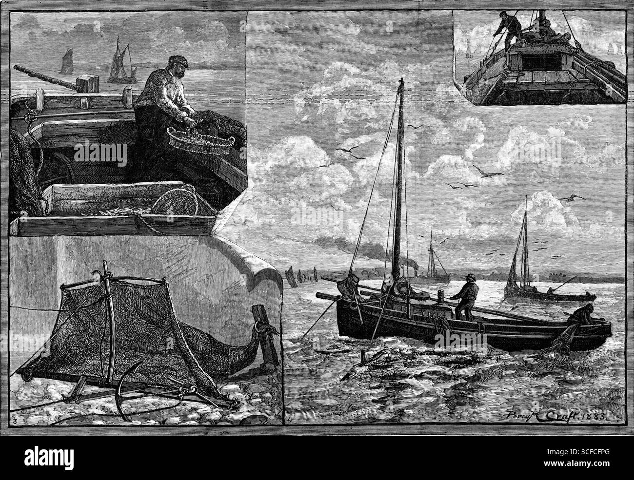Our Fishing Industries: Weißfischerei, 1883. Bug eines weißen Köderbootes, zeigt Kabine. 2. Stern des Bootes: Mann schüttelt Whitebait aus dem Netz. 3. Whitebait-Netz, einsatzbereit. 4. Weißes Boot, das die Fangmethode zeigt... die Hauptszene seiner Besuche ist zweifellos die Themse, trotz der unheilvollen und schädlichen Partikel, mit denen der Fluss unterhalb Londons unglücklich überflutet ist... das Netz, wie in Skizze Nr. 3 gezeigt, ist eine Art Tasche... ungefähr 18 oder 20 Fuß lang... die Boote... enthalten eine kleine eng anliegende Kabine... die das Boot im tideway ankert, wo die Fische stehen Stockfoto