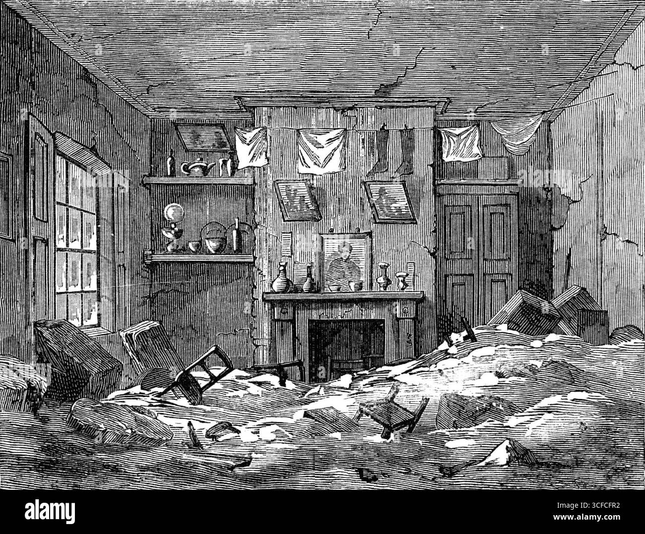 Auswirkungen der Überschwemmung bei Lambeth während des Sturms: Raum auf dem Princes-Square, Lambeth, 1881. '...der Hurrikan ließ die Flut mit einer Geschwindigkeit fließen, die Gefahr voraussah, aber bald darauf wurden Befürchtungen geäußert, dass das Wasser die Werften vor der Themse übersteigen würde. Die Flut lief mit einer Geschwindigkeit von fünf Knoten pro Stunde auf, und aufgrund des gefrorenen Zustands des Wassers war der Fluss stark geschwollen... eine beklagenswerte Szene wurde auf dem Princes-Platz, der Handelsstraße... an dieser Stelle leben einige Hunderte von Menschen auf und in der Nähe des Platzes, der sehr niedrig ist. Das Wasser, das große Blo trägt Stockfoto