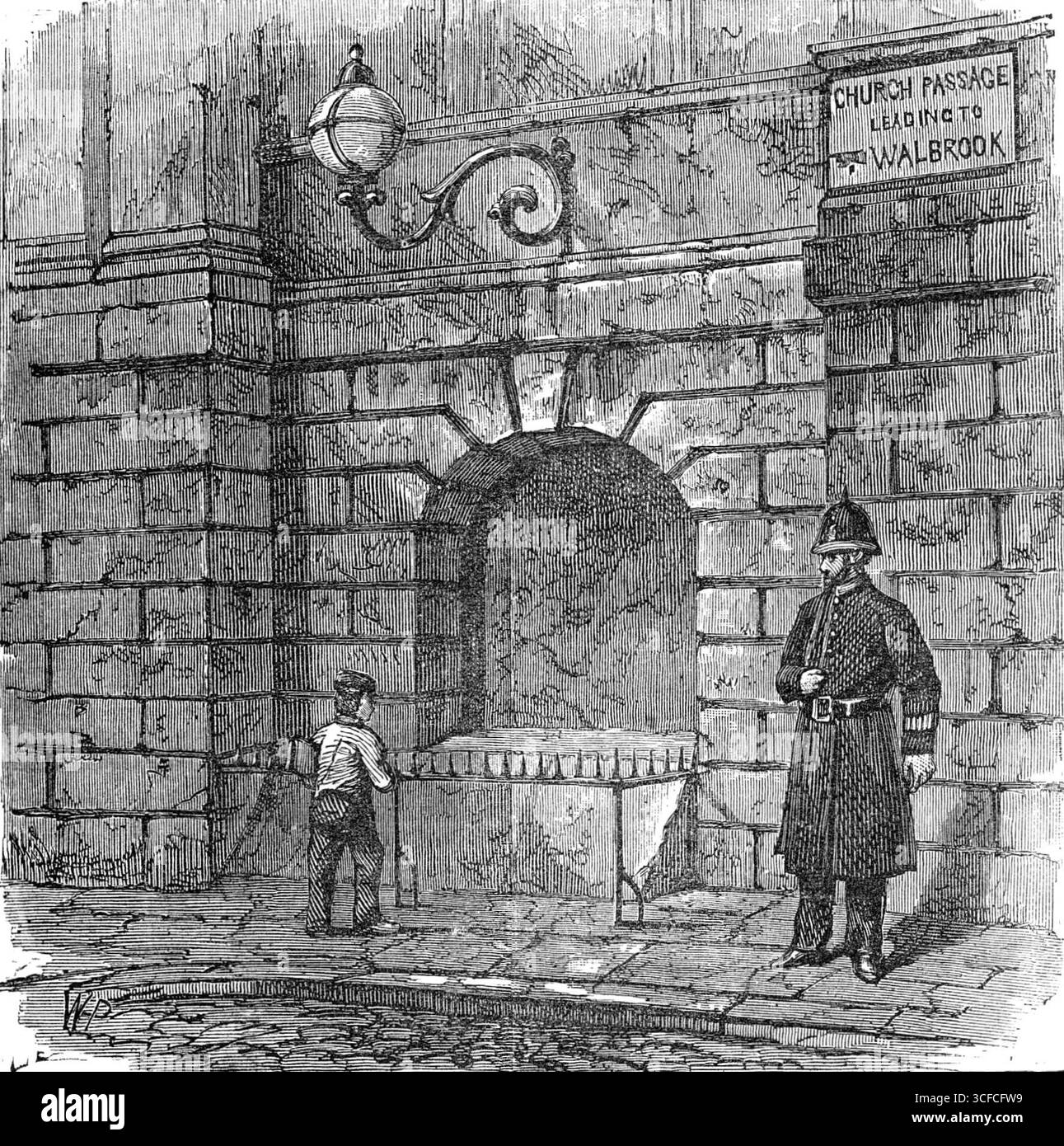 Der Versuch, das Mansion House in die Luft zu sprengen: Aussparung, in die das Pulver gelegt wurde, 1881. Eine Schachtel mit fast 40 Pfund Schießpulver, mit einer Sicherung, durch die es explodiert sein sollte, verpackt in braunes Papier, das bereits entzündet und schwelend war... wurde in einer Aussparung der Ostwand des Herrenhauses gefunden, etwa eine halbe Stunde vor Mitternacht. Der Polizist Samuel Cowell, der Nachtdienst machte, löschte das schwelende Papier sofort aus und brachte die Kiste zur Polizeistation in Bow-Lane... unsere Abbildung zeigt den genauen Ort, an dem sie gefunden wurde, und zwar in der Kirchenpassage, einer engen Gasse... das Stockfoto