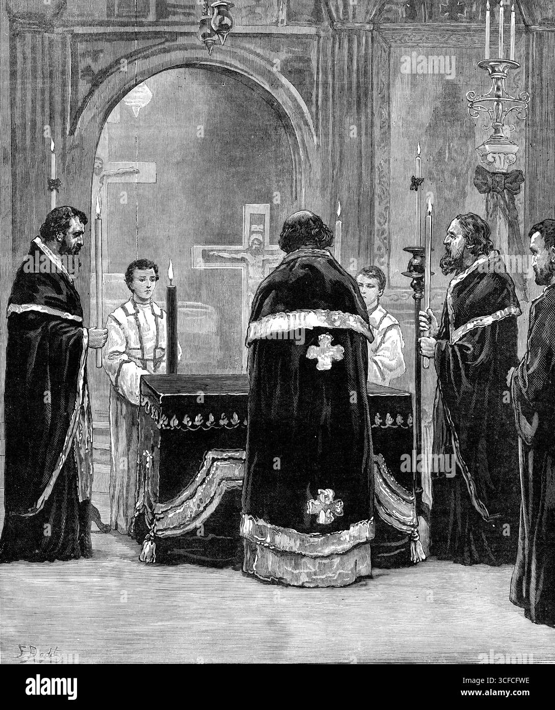 Gedenkgottesdienst für den verstorbenen russischen Kaiser in der griechischen Kirche, Moskau-Straße, Bayswater, 1881. "In den letzten zehn Tagen wurden in den meisten der wichtigsten Städte Europas religiöse Gottesdienste in allen Kirchen und Kapellen der griechischen oder russisch-orthodoxen Gemeinschaft abgehalten, die den russischen Gesandtschaften angehören oder für den Gebrauch der in anderen Ländern ansässigen Russen gehalten wurden, um für die Ruhe der Seele des verstorbenen Kaisers zu beten. Unsere Illustration zeigt die Szene bei einem solchen Gottesdienst am letzten Sonntag in der griechischen Kirche in der Moskauer Straße, Bayswater [in London], wo eine Requiemmesse gesungen wurde Stockfoto