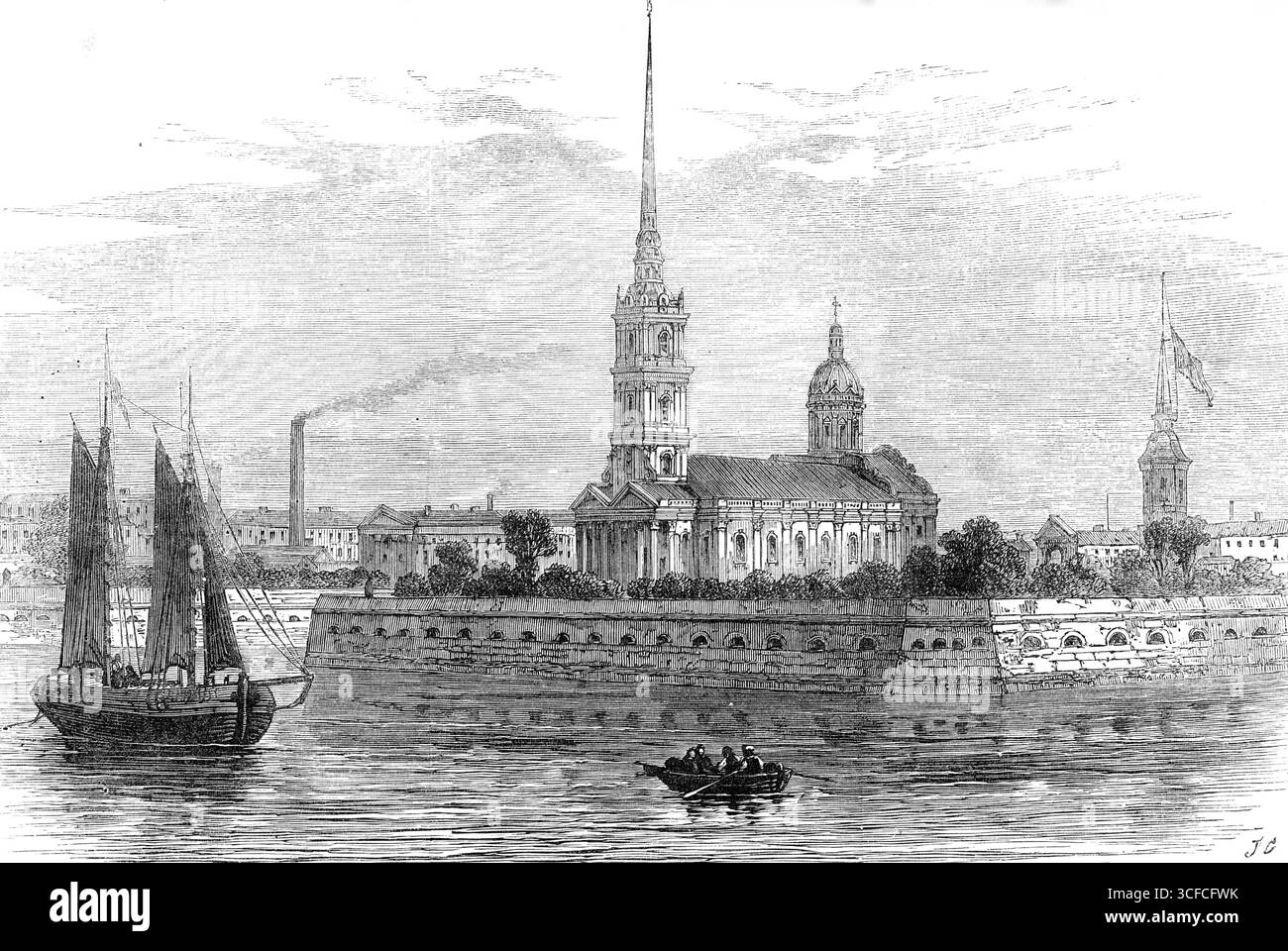 Die Zitadellenkirche in St. Petersburg, wo der Leichnam des verstorbenen Kaisers lag, 1881. Die Kirche St. Peter und St. Paul befindet sich in der Zitadelle von St. Petersburg, auf einer kleinen Insel des Flusses Neva, gegenüber der großen Linie von Kais, die den Winterpalast, die Admiralität, die Eremitage, das Theater und den Marmorpalast enthält. Da in dieser Kirche die sterblichen Überreste des verstorbenen Kaisers [Zar Alexander II., der ermordet wurde] in Zustand lagen, präsentieren wir vor der Abschlusszeremonie seiner Beerdigung eine Abbildung des Gebäudes, die durch eine sehr niedrige Zahl gekennzeichnet ist Stockfoto