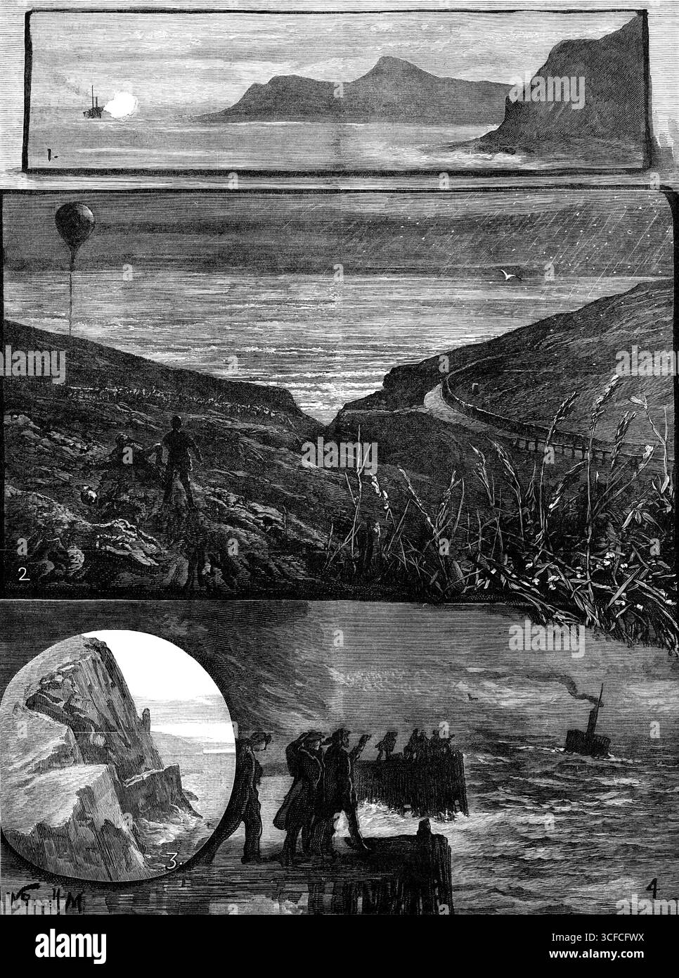 Die tödliche Katastrophe mit einem Ballon, 1881. 1. West Bay, in der Nähe von Bridport. 2. Eypesmouth Downs, Schauplatz des Unfalls. 3. Klippe, wo der Ballon verschwand. 4. Bridport Pier, mit Schlepper Commodore kommt nach der Suche... Das Schicksal von Mr. Walter Powell, M.P. für Malmesbury, der Captain James Templer begleitete, verantwortlich für einen Ballon, den das Kriegsministerium der Meteorologischen Gesellschaft am Samstag, den 10. Dezember, ausgeliehen hatte, ist eine Angelegenheit von aufrichtigem Bedauern... Die Admiralität... und das Außenministerium haben allen Anweisungen gegeben, dass sie jede Gelegenheit nutzen sollten, um dem zu helfen Stockfoto