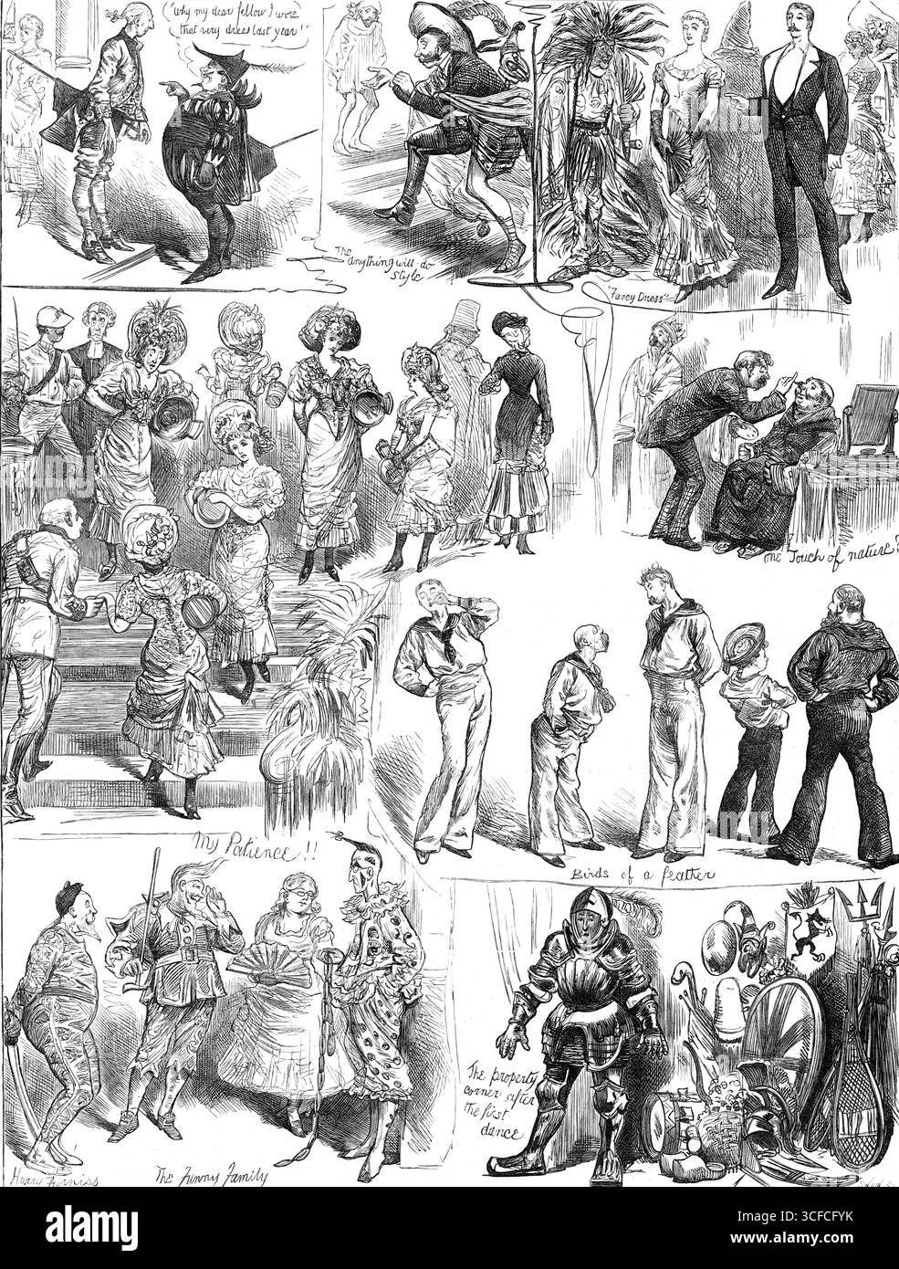 Skizzen auf einem Fancy-Dress Ball, 1881. „Warum mein lieber Freund das ganze Kleid im letzten Jahr erwähnte“; der alles-will-do-Stil; „Fancy Dress“; meine Geduld!!; Vögel einer Feder; die lustige Familie; die Grundstücksecke nach dem ersten Tanz... Skizzen, die dem Leser etwas Spaß bereiten... die Figur eines Scheinindianers, beladen mit Wampum- und Hirschlederstreifen, wird unangenehm mit denen einer Dame und eines Gentlemans im vorschriftsmäßigen Abendkleid dieser Zeit abheben... die Annahme von nautischer Kleidung und Art sollte auf Männer in angemessener Schiffsform beschränkt werden Stockfoto