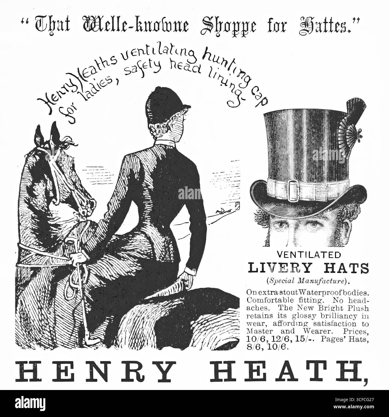 Henry Heath, "That Welle-Knowne Shoppe for Hattes", 1884. Henry Heaths belüftete Jagdmütze für Damen, Sicherheitskopffutter... belüftete Hüte (Spezialfertigung). Bei besonders robusten wasserdichten Gehäusen. Bequeme Passform. Keine Kopfschmerzen. Der neue Bright Plush behält seine glänzende Brillanz bei und sorgt so für Zufriedenheit für Meister und Träger. Preise [etc]“. Seite 315 aus Henry Irving's Impressions of America, Erzählung in einer Reihe von Skizzen, Chroniken und Gesprächen, von J. H, 1884. Stockfoto