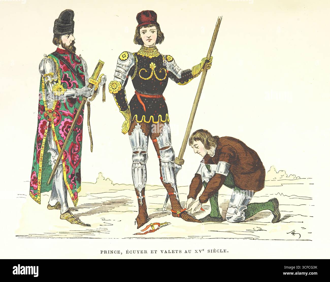 Prinz, Knabe und Diener im 15. Jahrhundert, (1882). (Prince, écuyer et Valets au XVe Siècle). Seite 355 von „La France et les Français à travers les siècles ... Ouvrage couronné par l'Académie française. Contenant ... Gravuren usw." [Frankreich und die Franzosen durch die Jahrhunderte... Von der Französischen Akademie vergebene Arbeit. Enthält... Stiche, etc.] von Augustin Challamel, 1882. Stockfoto