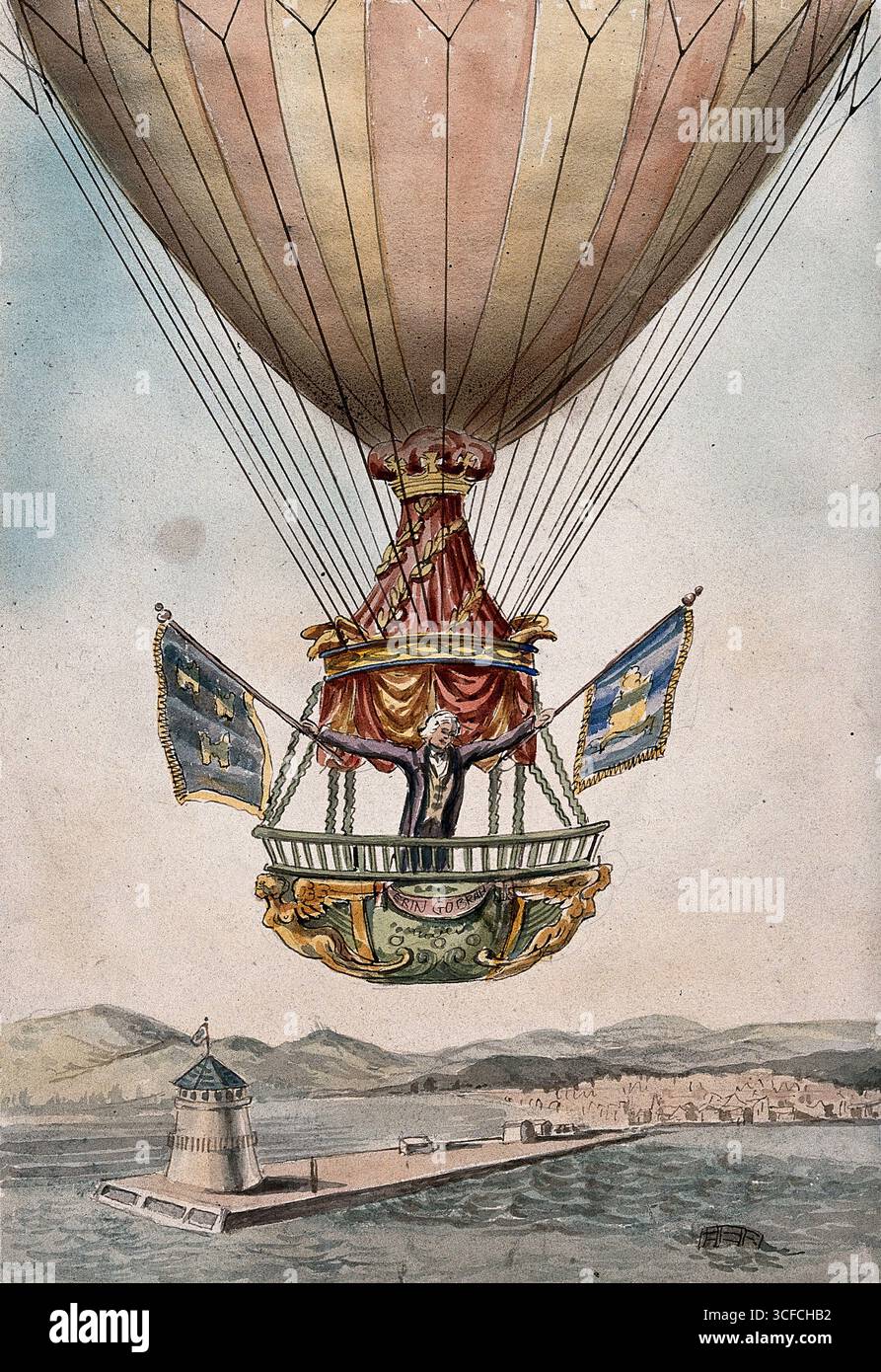 James Sadler machte sich 1812 auf die geplante erste Überquerung der Irischen See von Dublin aus mit dem Ballon. Zusatzinfo: Die Besteigung erfolgte am 1. Oktober 1812. Das Gemälde zeigt Sadler, der zwei Fahnen hält. Stockfoto