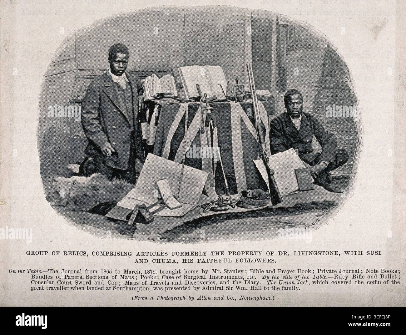 David Livingtons Anhänger Susi und Chuma, mit seinen früheren Besitztümern, 1873. Stockfoto