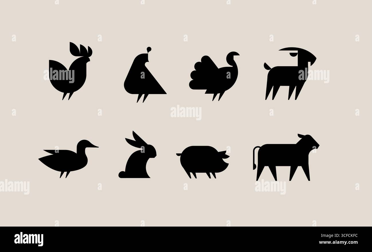 Bauernhoftiere Icon Set mit Hahn, Wachtel, truthahn, Ziege, Ente, hase, Schwein, Kuh Zeichnung mit schwarz auf beigem Hintergrund Stock Vektor