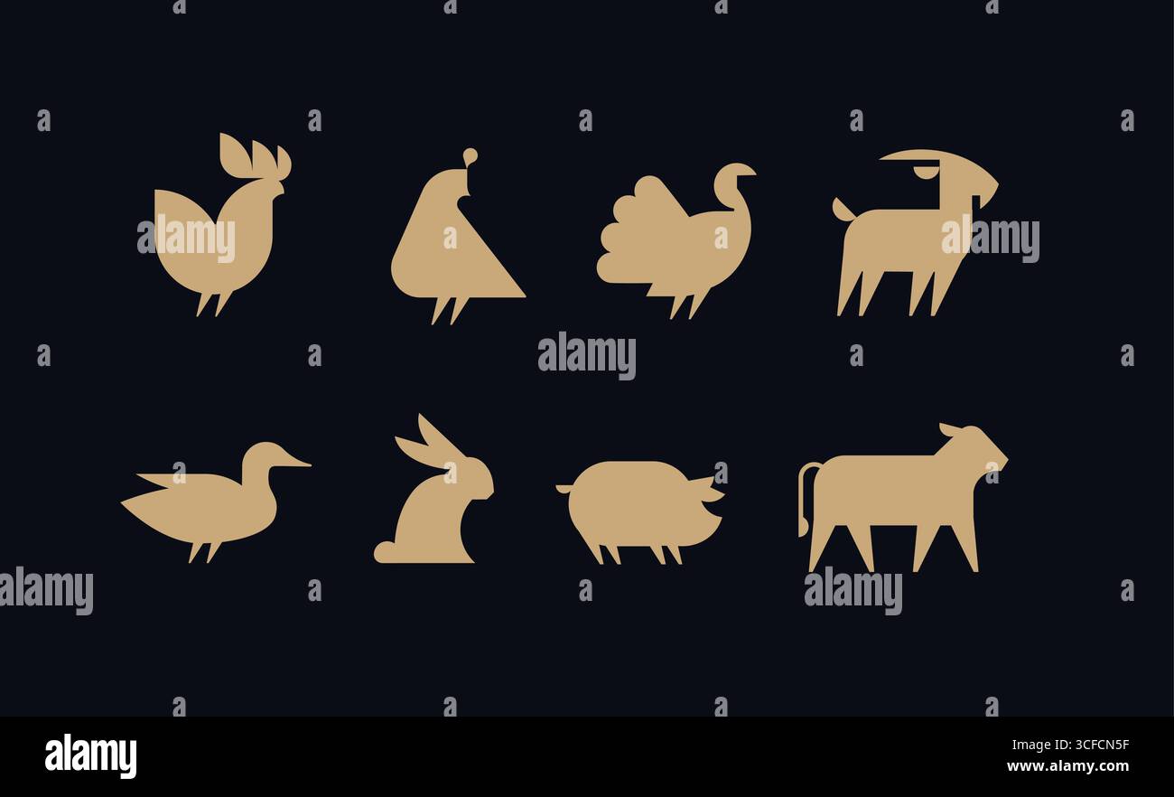 Bauernhoftiere Icon Set mit Hahn, Wachtel, truthahn, Ziege, Ente, hase, Schwein, Kuh Zeichnung mit Beige auf schwarzem Hintergrund Stock Vektor