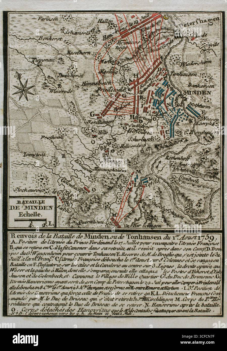 Siebenjähriger Krieg (1756–1763): Karte der Schlacht von Minden (1. August 1759), 1765. Norddeutschland. Die anglo-hannoversche Armee, angeführt von Prinz Ferdinand von Braunschweig, besiegte die französischen und sächsischen Truppen. Karte, die 1765 vom Kartografen Jean de Beaurain (1696–1771) als Illustration seiner „Großen Karte Deutschlands mit den Ereignissen, die während des Siebenjährigen Krieges stattfanden“ veröffentlicht wurde. Die alliierte Armee in Rot und die französische Armee in Blau. Französische Ausgabe, 1765. Stockfoto