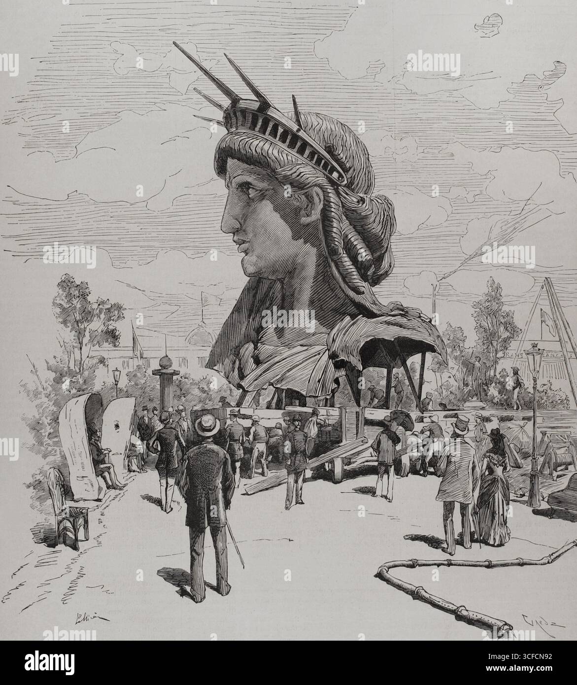 Kopf der kolossalen Statue „Liberty Illumination the World“, Pariser Ausstellung, 1878. Der Kopf, der auf dem Champ de Mars in Paris vorgestellt wurde, sollte als Leuchtturm im Hafen von New York dienen. Die Skulptur, ein Geschenk der französischen Bevölkerung an die Vereinigten Staaten, wurde von dem französischen Bildhauer FRédéric Auguste Bartholdi entworfen und ihr Metallgestell wurde von Gustave Eiffel gebaut. Von „La Ilustración Española y Americana“, 1878. Stockfoto Kopf der kolossalen Statue „Liberty Illumination the World“, Pariser Ausstellung, 1878. Der Kopf, der auf dem Champ de Mars in Paris vorgestellt wurde, sollte als Leuchtturm im Hafen von New York dienen. Die Skulptur, ein Geschenk der französischen Bevölkerung an die Vereinigten Staaten, wurde von dem französischen Bildhauer FRédéric Auguste Bartholdi entworfen und ihr Metallgestell wurde von Gustave Eiffel gebaut. Von „La Ilustración Española y Americana“, 1878. Stockfoto