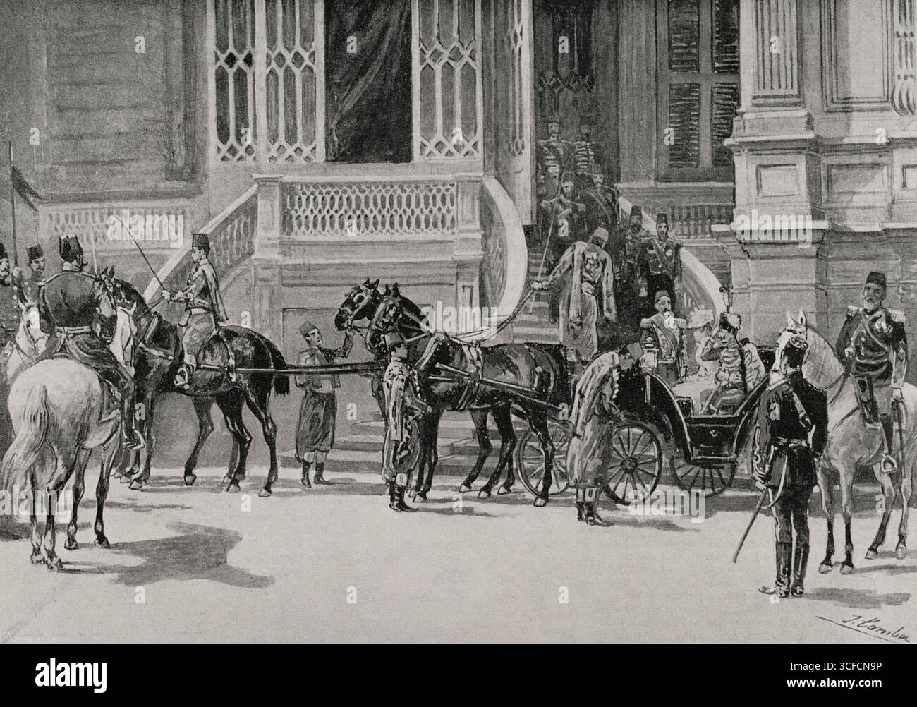 Reise der deutschen Kaiser ins Heilige Land, Konstantinopel, Türkei, 1898. Abschied von den deutschen Kaisern Wilhelm II. (1859–1949) und Augusta Victoria von Schleswig-Holstein (1858–1921) an den osmanischen Sultan Abdul Hamid II. (1842–1918), der sie am 22. Oktober im Schloss Dolmabahce traf. Die Kaiser waren gezwungen, ihre Reise zu verkürzen, indem sie auf die Expeditionen nach Jericho und anderen Städten in Palästina verzichteten und direkt in den Westen zogen. Von „La Ilustración Española y Americana“, 1898. Stockfoto