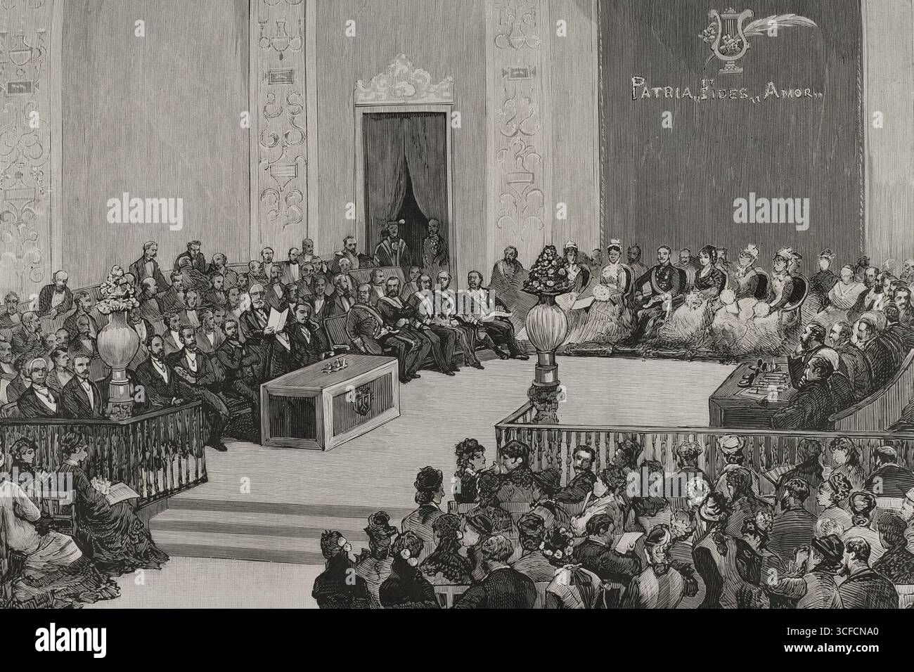 Verleihung der Preise während der Blumenspiele im Auditorium der Central University, Madrid, Spanien, 28. April 1878. Die spanischen Könige hatten den Vorsitz. Der Marquis von Valmar, Vorsitzender der Richter, liest eine anspielende Rede bei der feierlichen Veranstaltung. Floral Games waren eine Reihe von historisch verwandten Poesie-Wettbewerben mit Blumenpreisen. Motto: Patria, Fides, Amor (Land, glaube, Liebe). Von „La Ilustración Española y Americana“, 1878. Stockfoto