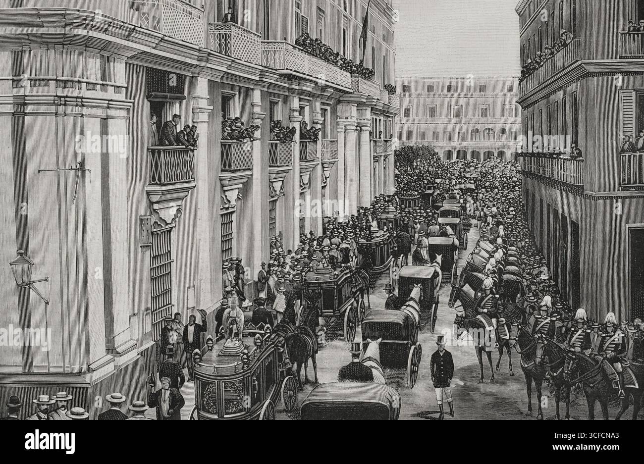 Beerdigung der "Maine"-Opfer, Havanna, Kuba, 1898. Demonstration der Trauer anlässlich der Beerdigung der „Maine“-Opfer nach der Explosion am 15. Februar 1898 im Hafen von Havanna. Die USS Maine war ein gepanzerter Kreuzer der United States Navy. Die Besatzung bestand aus 355 Mann: 26 Offiziere, 290 Seeleute und 39 Marines. Davon gab es 261 Todesopfer. Das Ereignis, das während des kubanischen Unabhängigkeitskrieges stattfand, diente den Vereinigten Staaten als Vorwand, Spanien den Krieg zu erklären. Von „La Ilustraci&#xf3;n Espa&#xf1;ola y Ameri Stockfoto