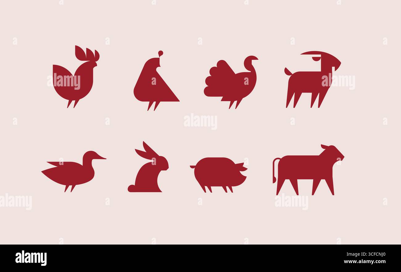 Bauernhoftiere Icon Set mit Hahn, Wachtel, truthahn, Ziege, Ente, hase, Schwein, Kuh Zeichnung mit Rot auf beigem Hintergrund Stock Vektor