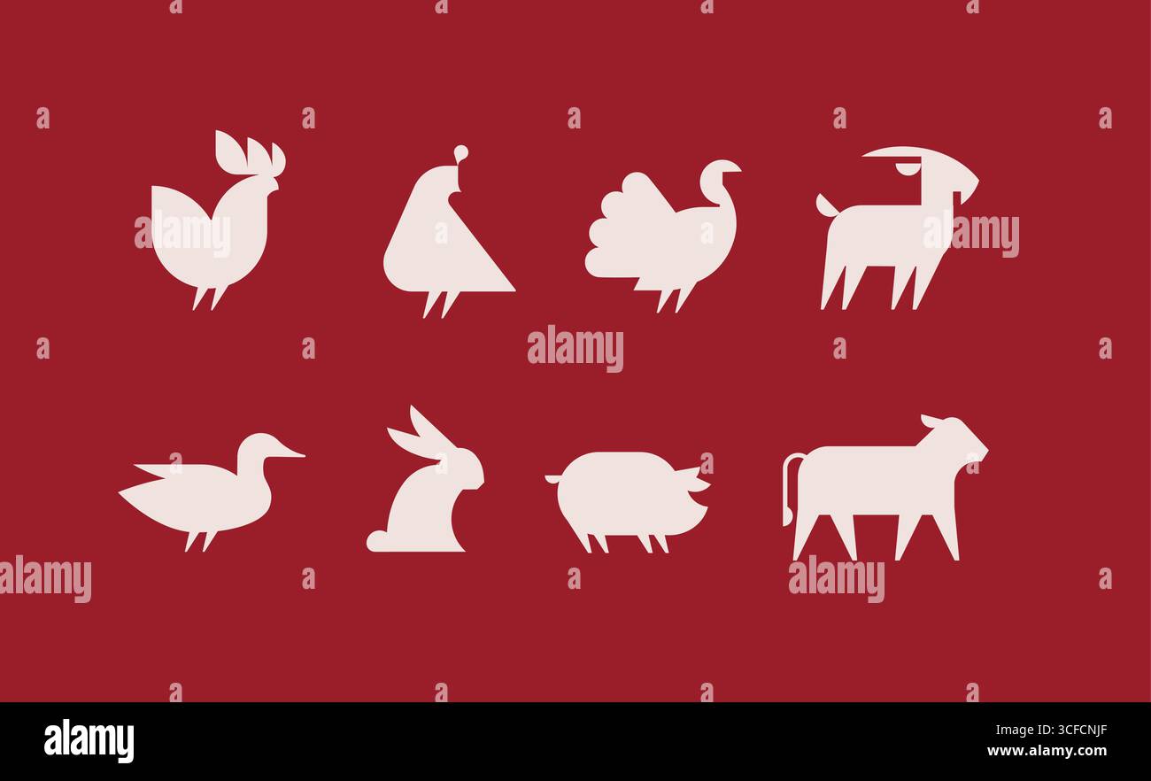 Bauernhoftiere Icon Set mit Hahn, Wachtel, truthahn, Ziege, Ente, hase, Schwein, Kuh zeichnen mit Licht auf rotem Hintergrund Stock Vektor