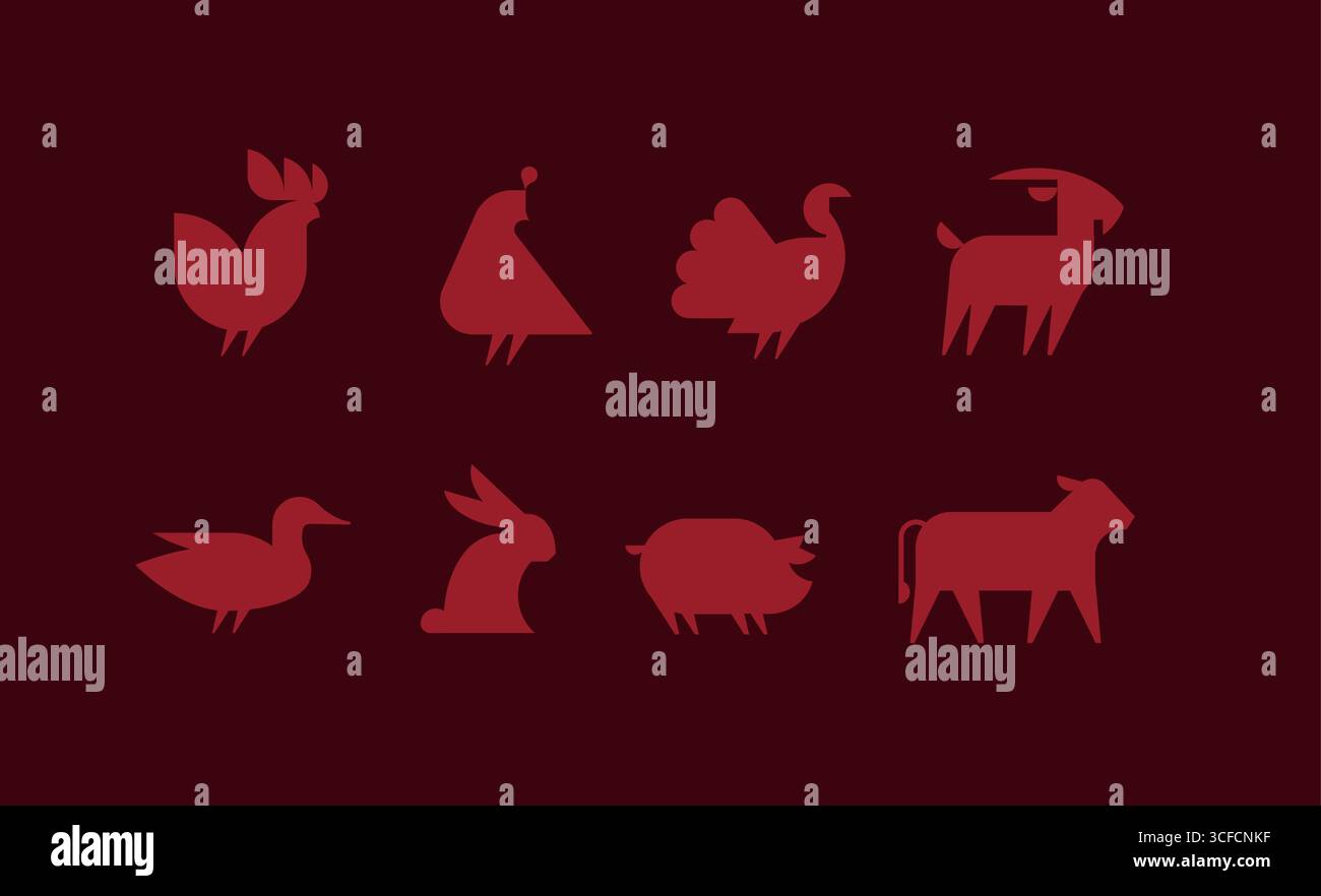 Bauernhoftiere Icon Set mit Hahn, Wachtel, truthahn, Ziege, Ente, hase, Schwein, Kuh Zeichnung mit rot auf braunem Hintergrund Stock Vektor