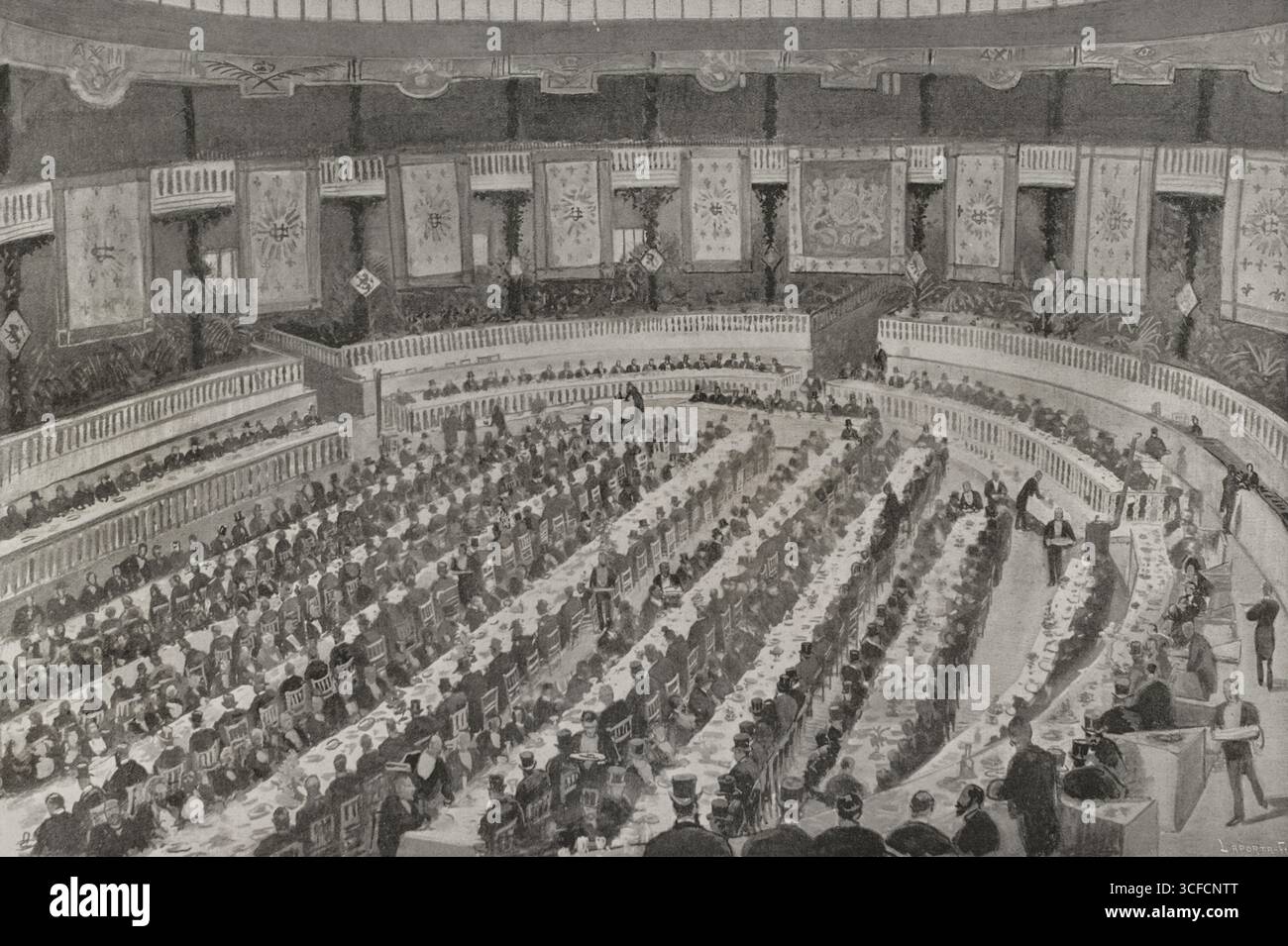 Bankett der politischen Partei "Unión Conservadora" (Konservative Union) im Theater der Buen Retiro Gärten, Madrid, Spanien, 28. Januar 1898. Von „La Ilustración Española y Americana“, 1898. Stockfoto