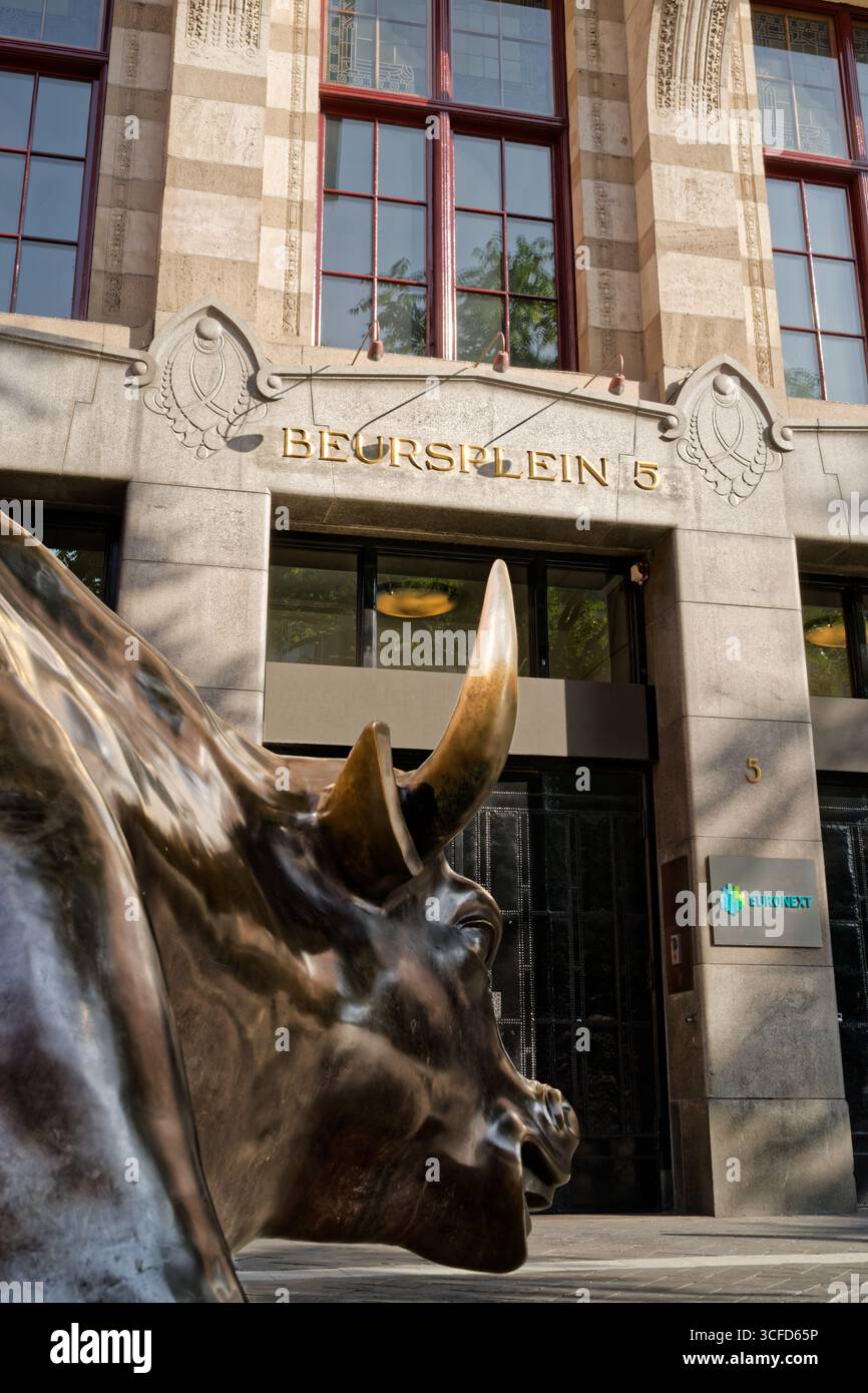 Amsterdam, Niederlande - 10. August 2025: Eingang der Amsterdamer Börse (AEX) mit einer Bullstatue im Vordergrund, die Beursplein 5 über den Türen zeigt Stockfoto